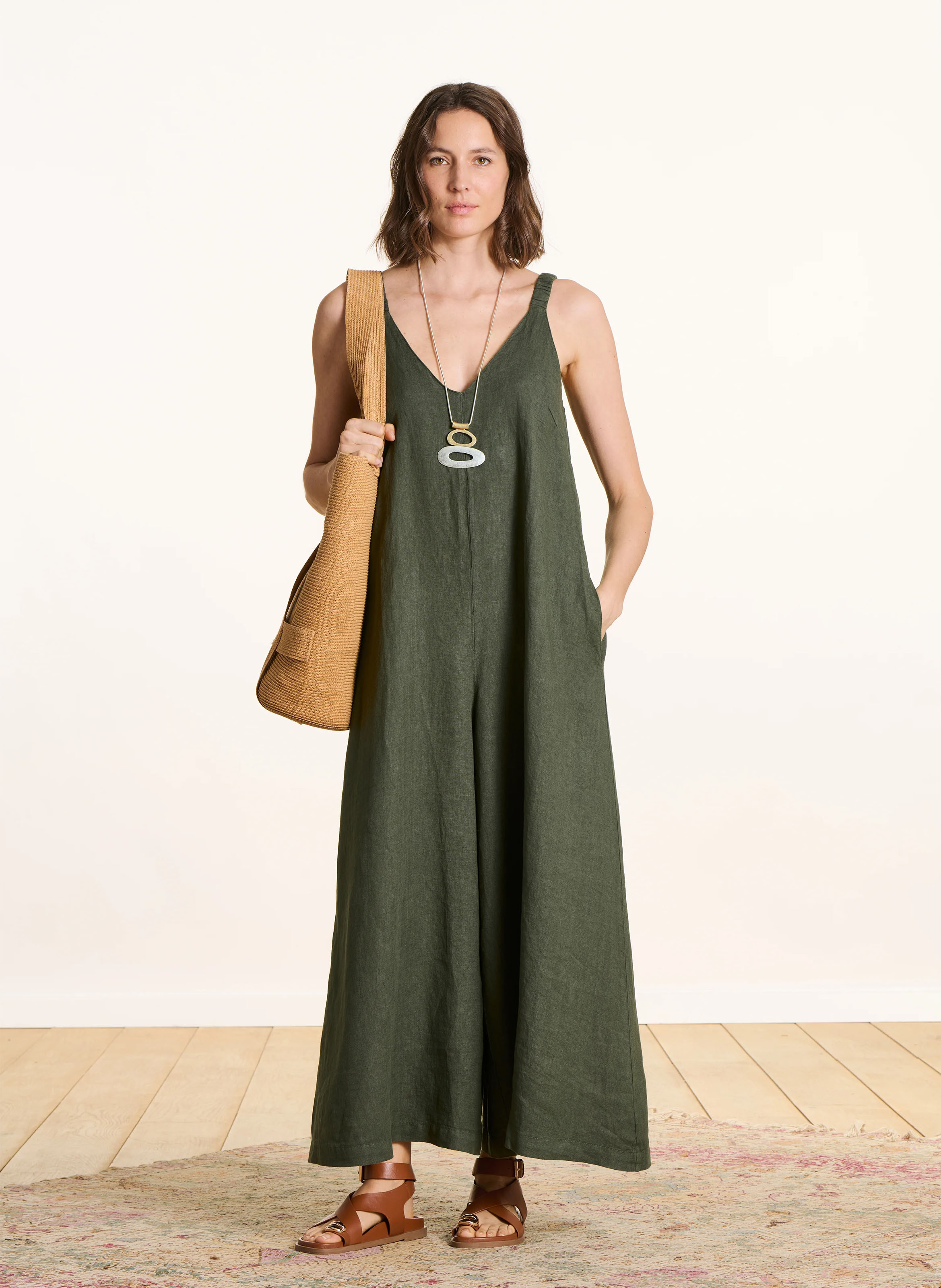 Combinaison pantalon unie en lin LA FEE MARABOUTEE Vert