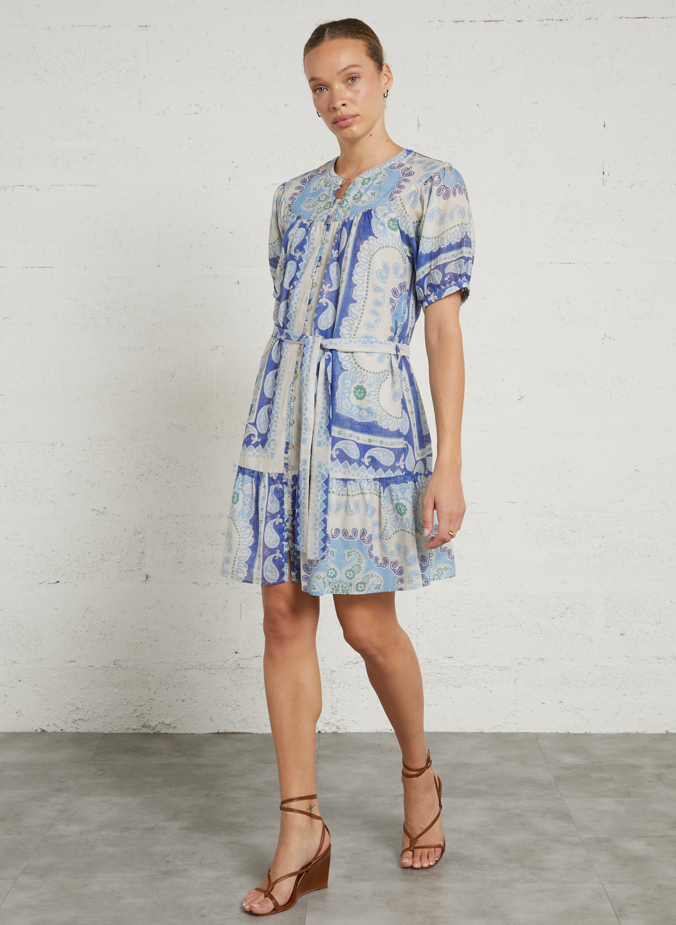 Korte, katoenen jurk met ronde hals en print SUD EXPRESS Blauw