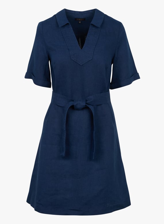 Bleu Marine Robe Femme Caroll Robe Mi-Longue Col V En Lin