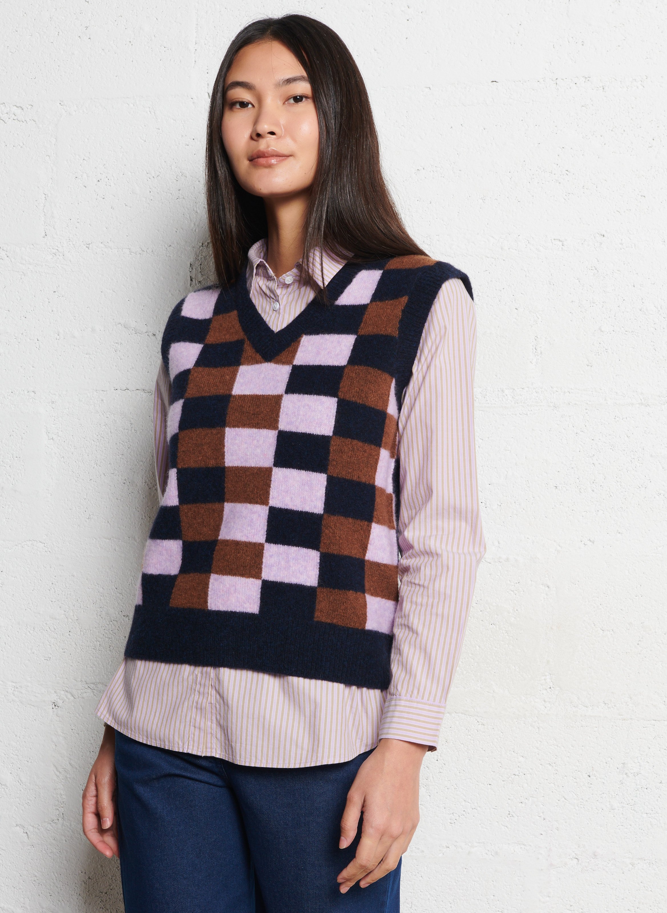 Pull sans manches col V à carreaux en laine mélangée NICE THINGS