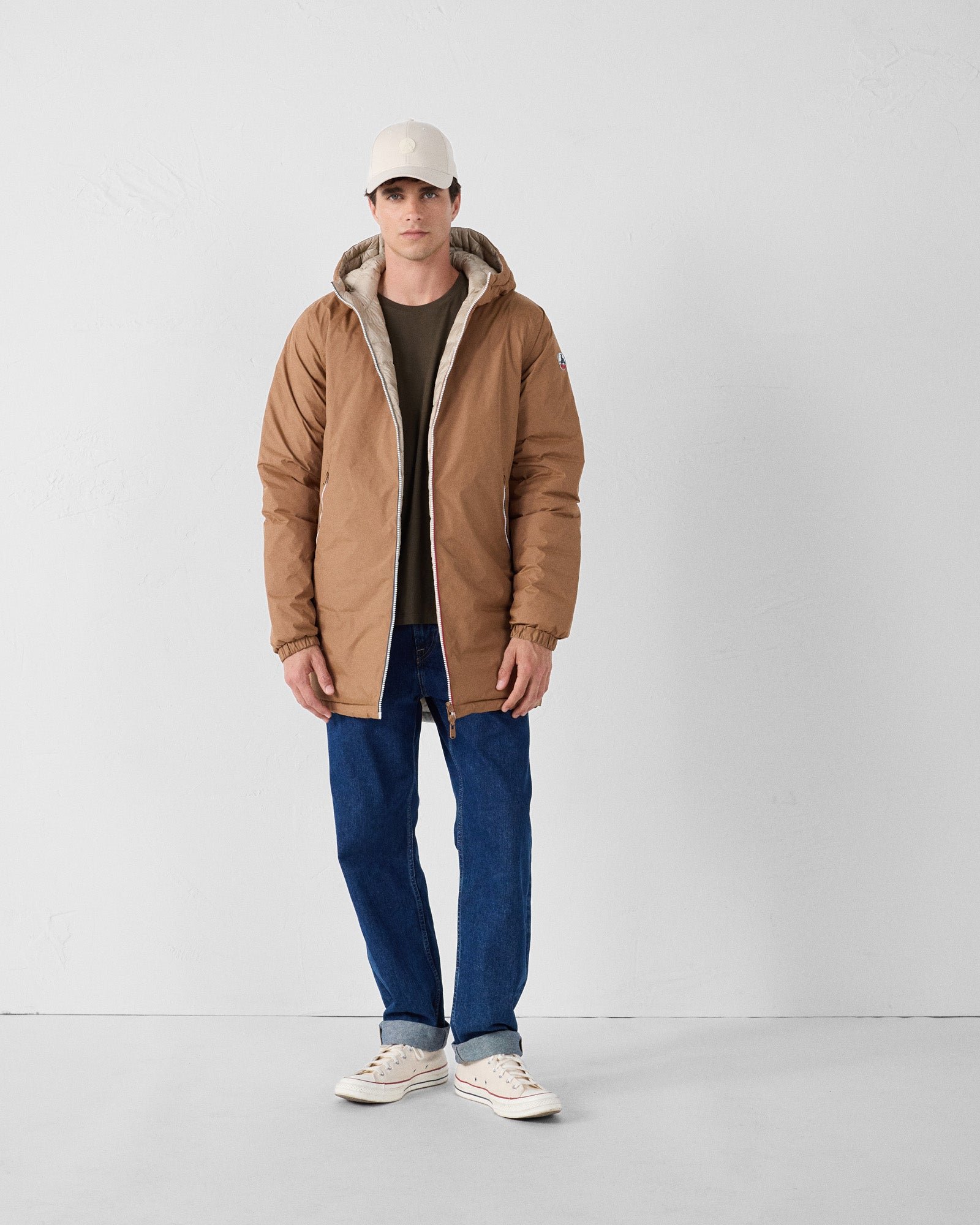 Reversible long jacket in brown sugar/beige. JOTT Brown