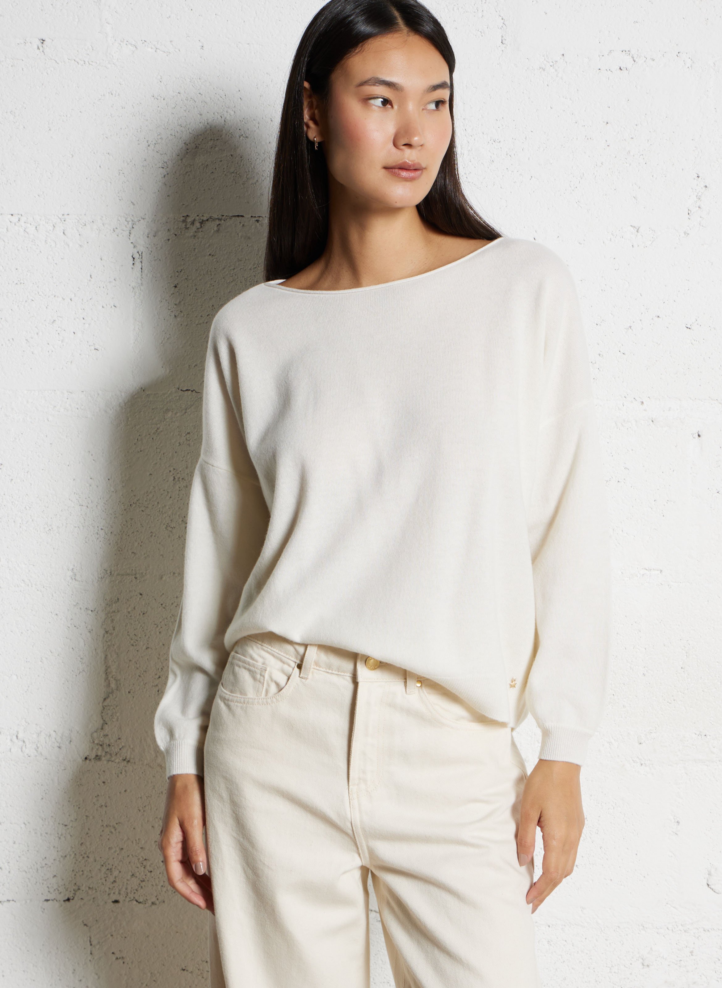 Wool boat neck sweater with rolled edges DES PETITS HAUTS