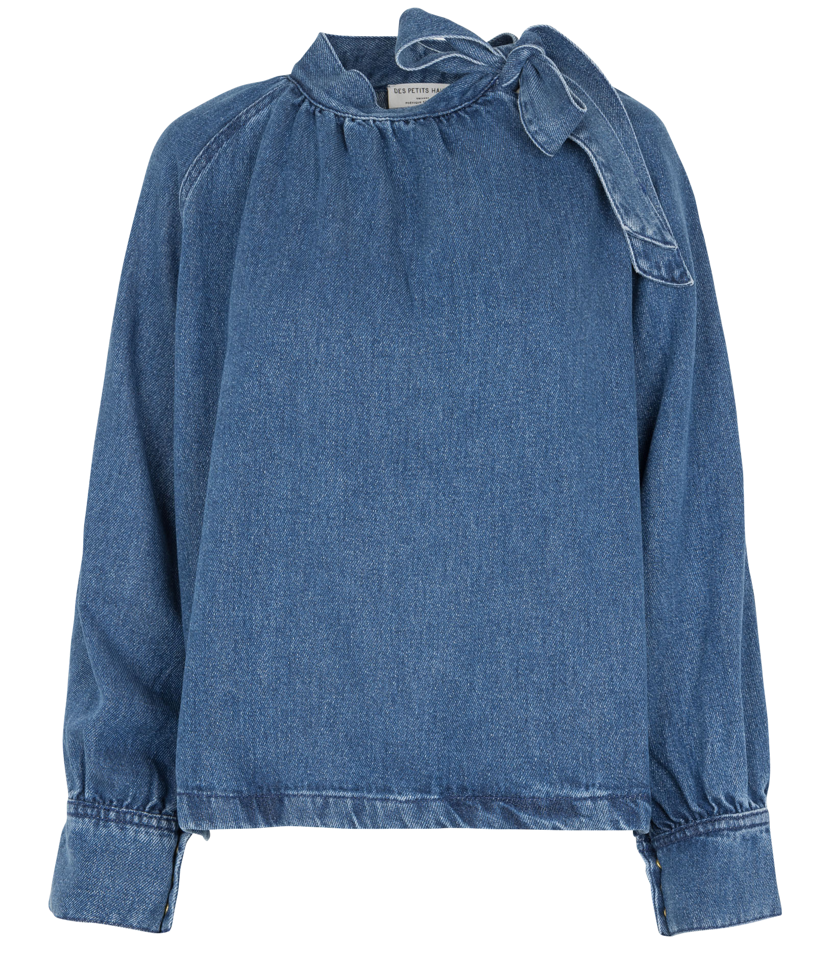 Loose denim blouse with tied collar. DES PETITS HAUTS Blue