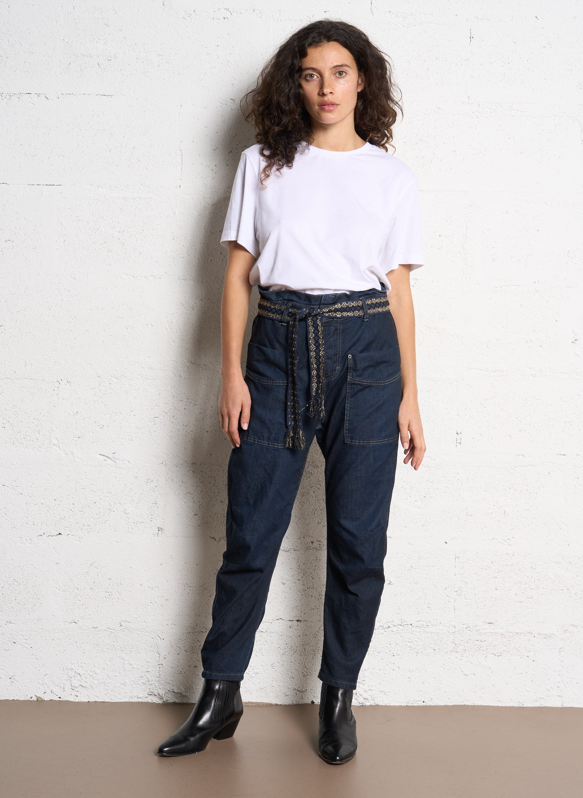 Jean paperbag taille haute en coton mélangé PLEASE Bleu