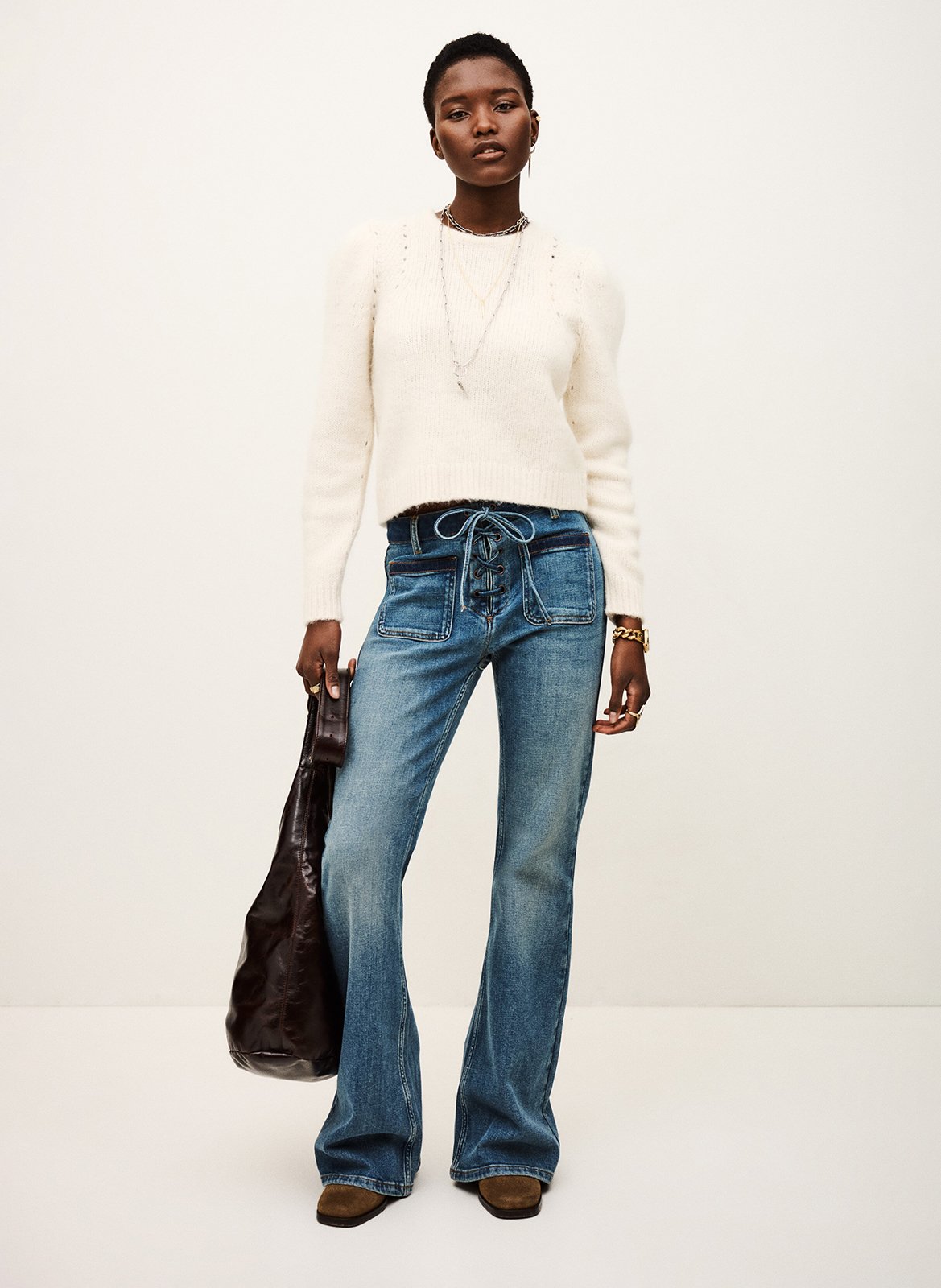 Pull court droit en laine mélangée BA&SH Beige