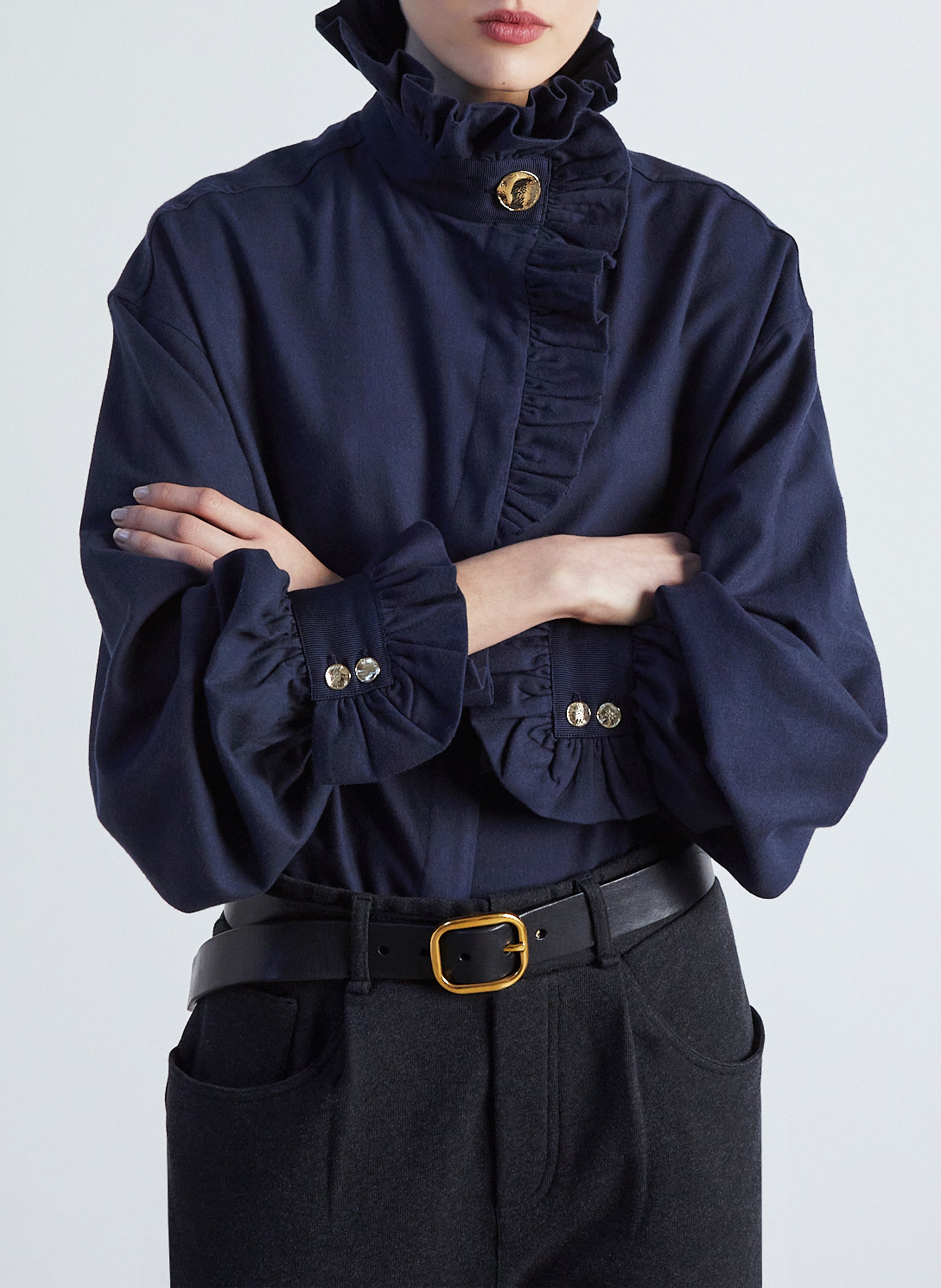 Blouse col montant en coton et en laine mélangés THE LABEL EDITION Bleu