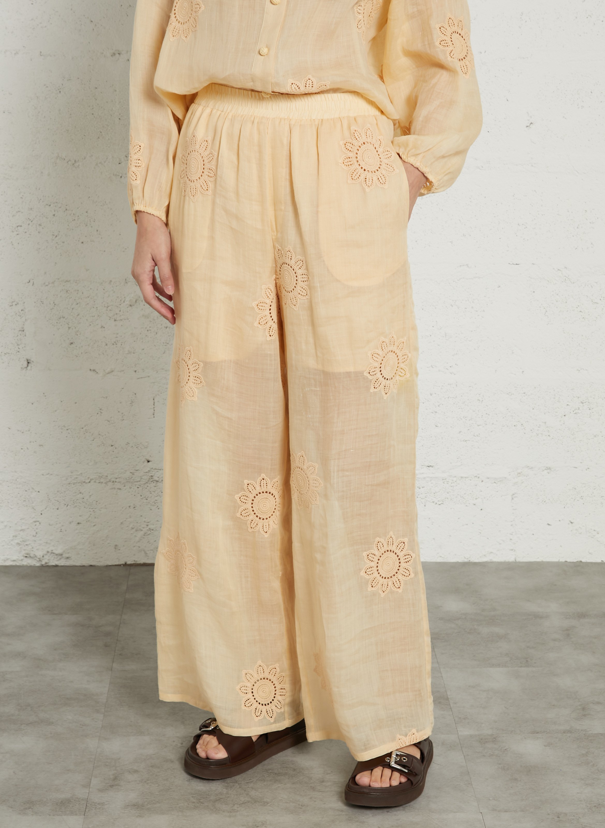 Wide-leg pants with floral embroidery BERENICE Orange