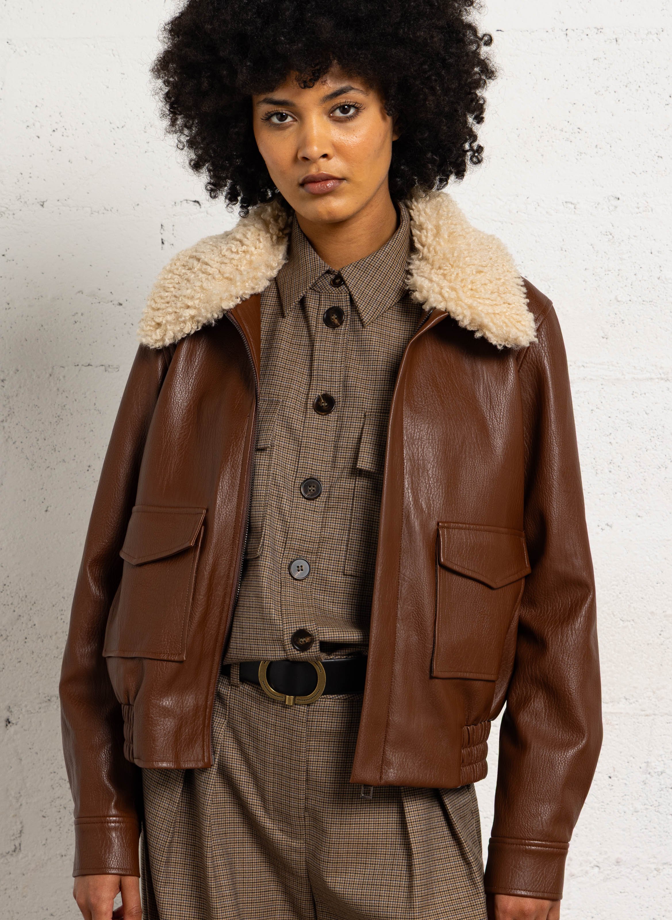 Manteau col sherpa effet cuir SUNCOO Marron