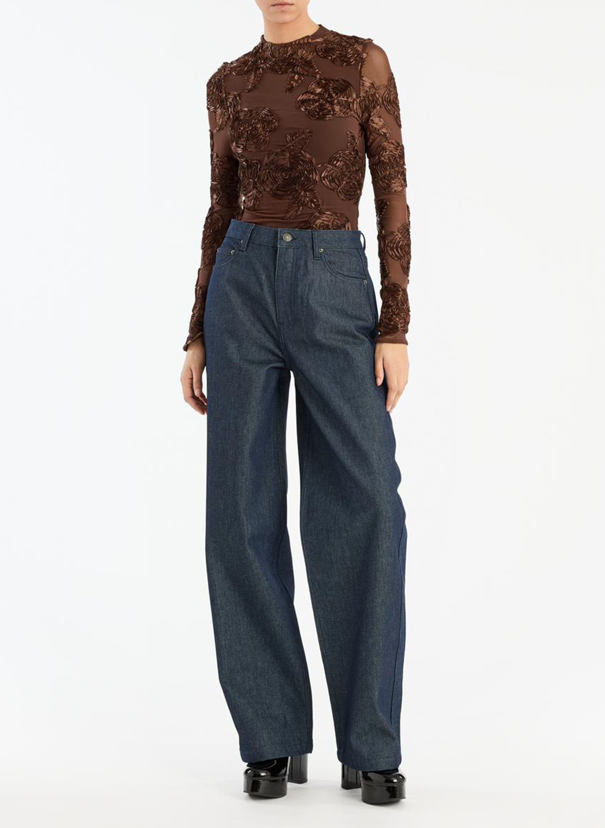 Floral round neck fitted top. ROTATE Brown