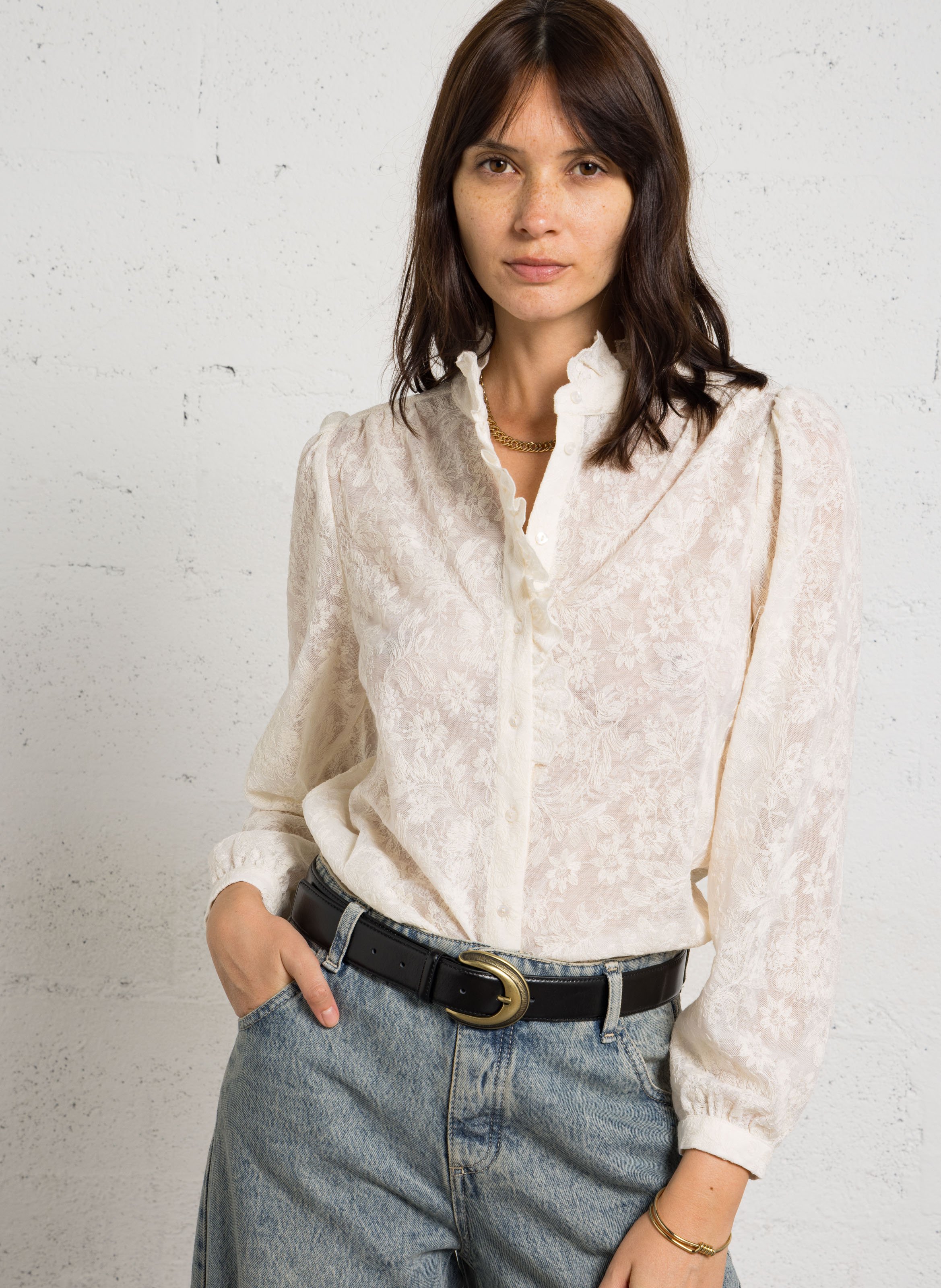 Chemise droite col montant en coton brodé MAISON 123 Beige