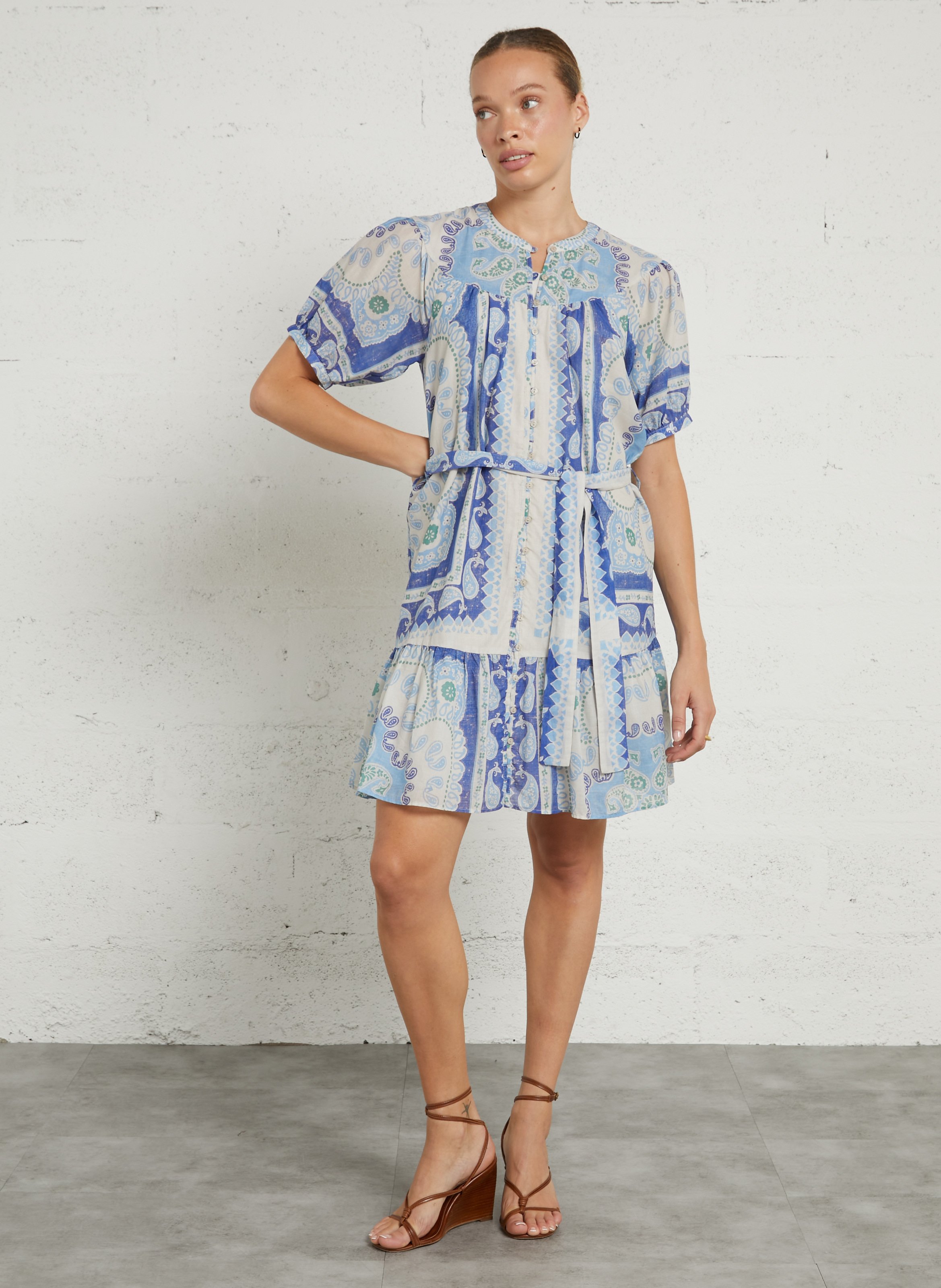Korte, katoenen jurk met ronde hals en print SUD EXPRESS Blauw