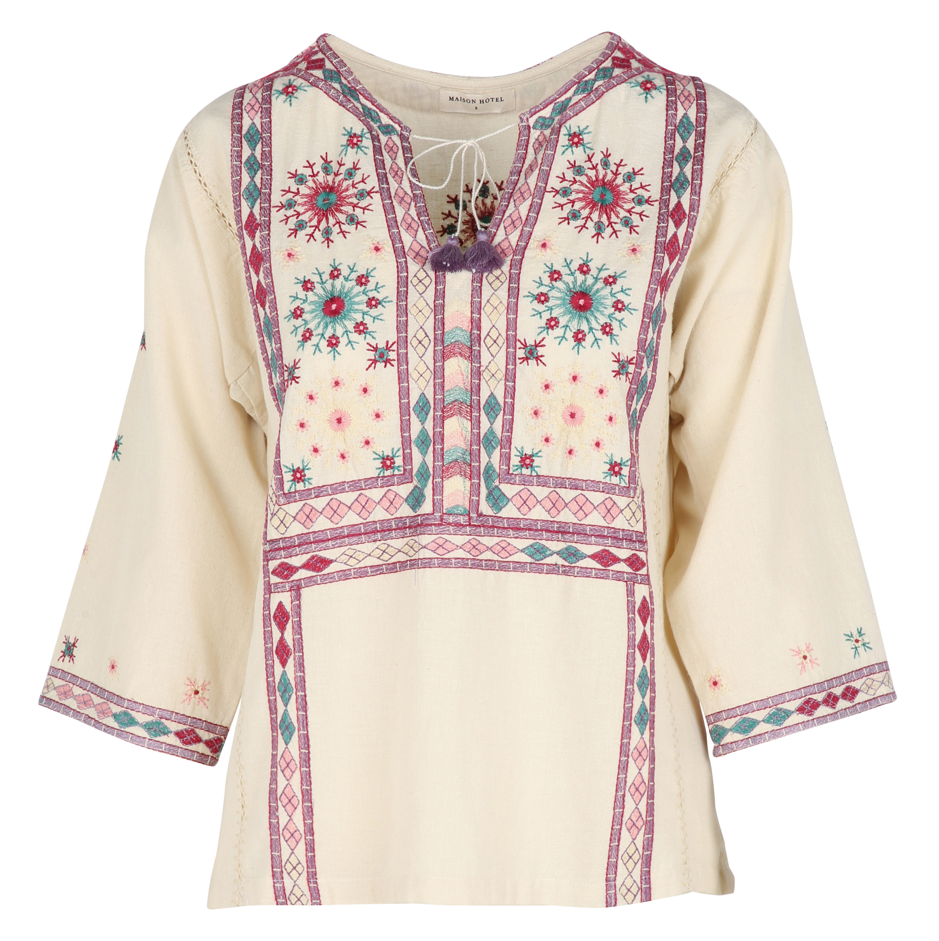Embroidered cotton V-neck blouse MAISON HOTEL Beige