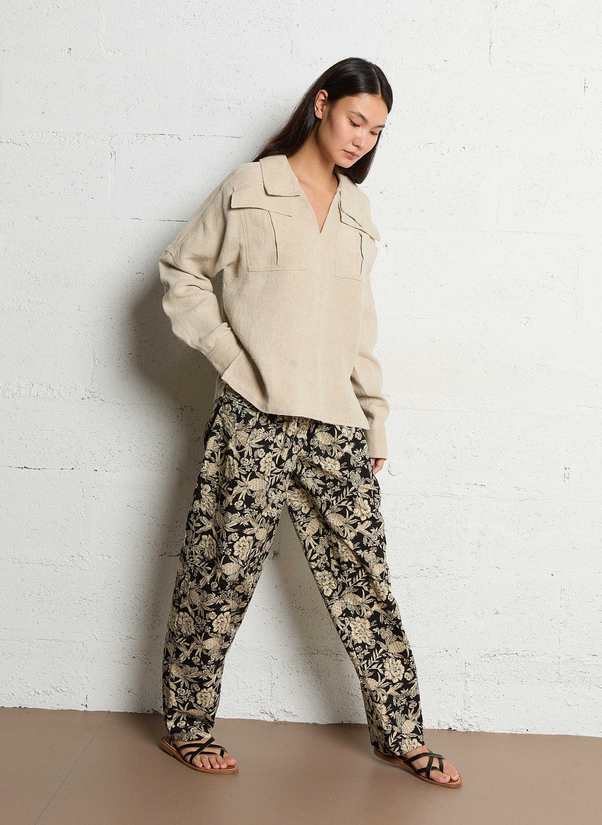 Top col v en lin Beige