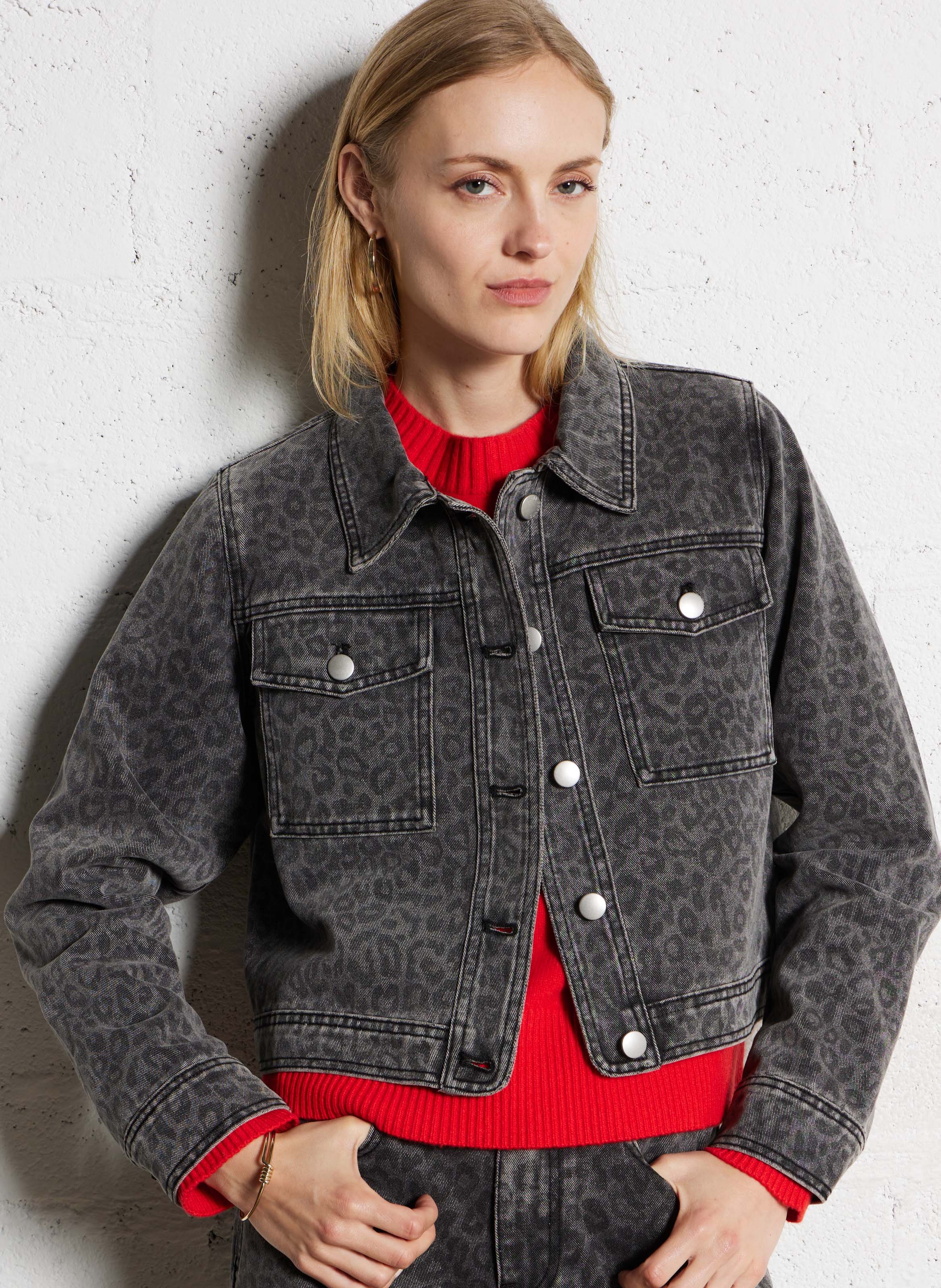 Veste col classique en denim de coton mélangé imprimé SUNCOO Noir