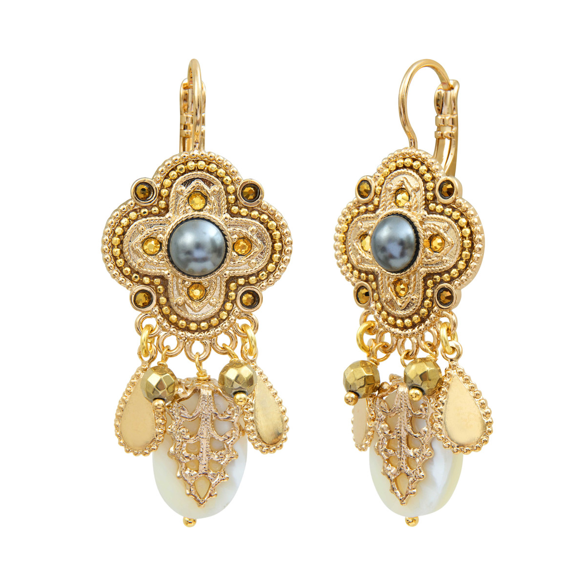 Boucles d'oreilles dormeuses positano nacre et cabochon nacré SATELLITE PARIS Blanc