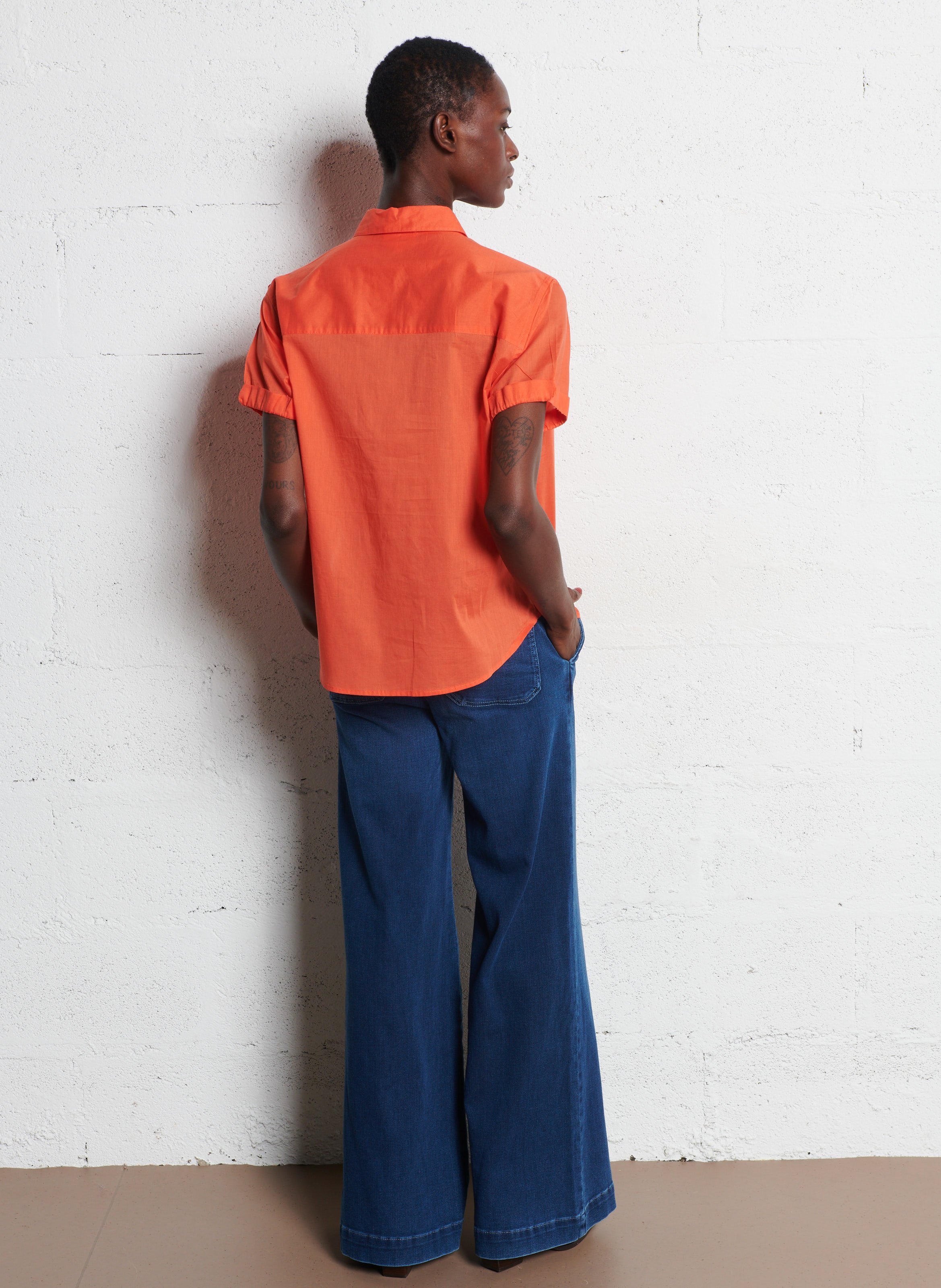 Chemise col classique manches contrastantes en coton Orange