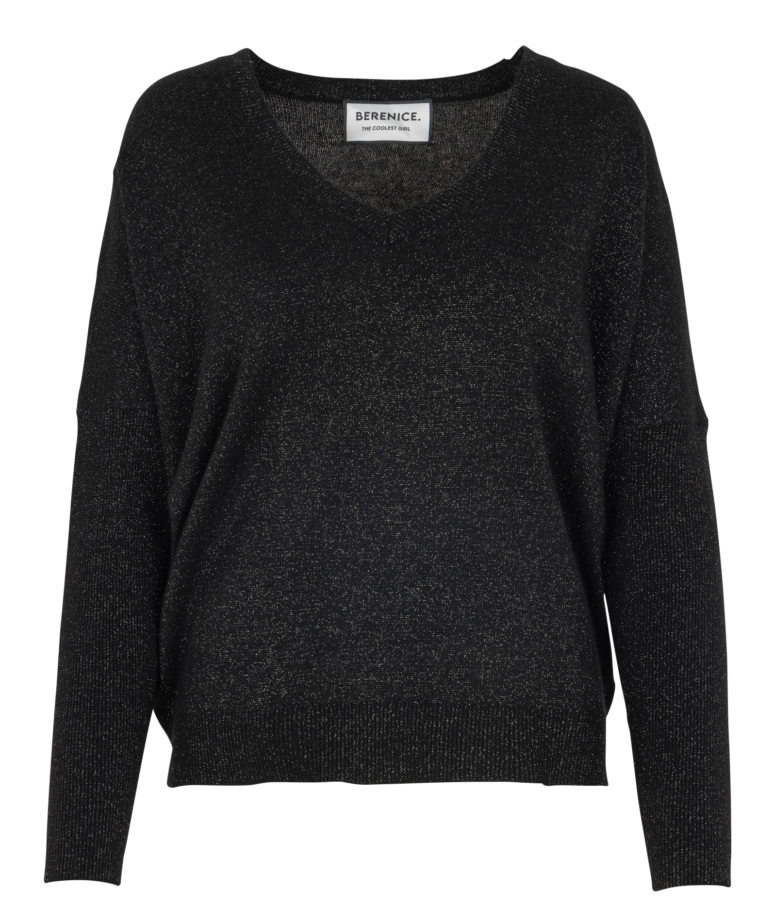 Weiter Pullover mit V-Ausschnitt aus metallisierter Wolle und Strasssteinen. BERENICE Schwarz