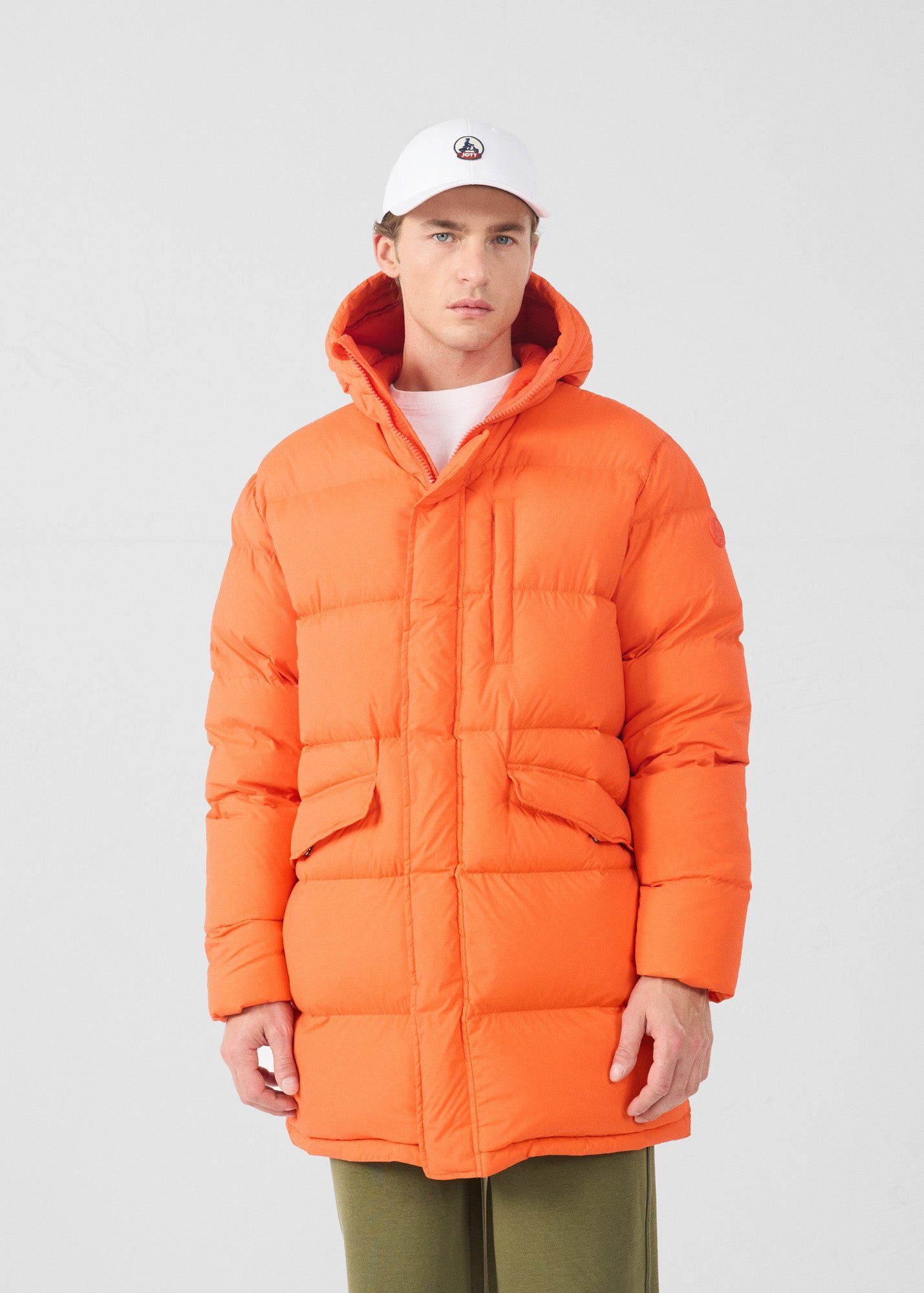 Mid-length stretch cold weather puffer coat by Scott. JOTT Red