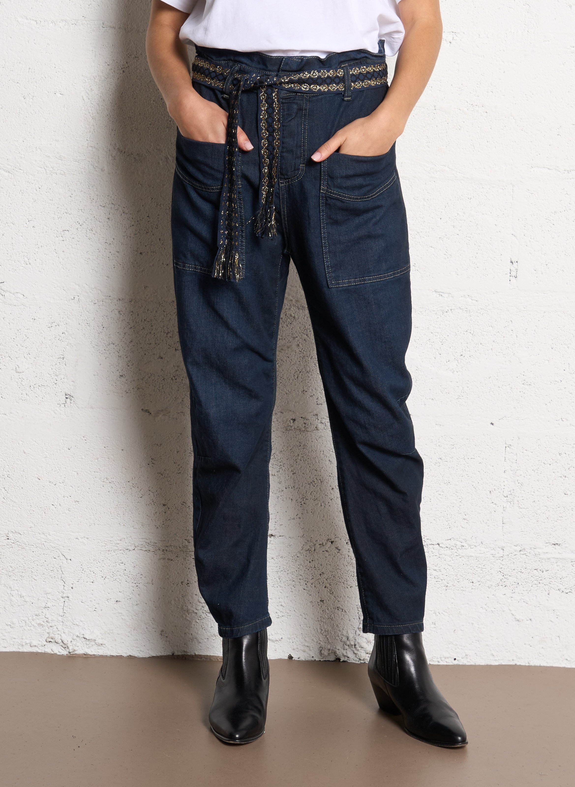 Jean paperbag taille haute en coton mélangé PLEASE Bleu