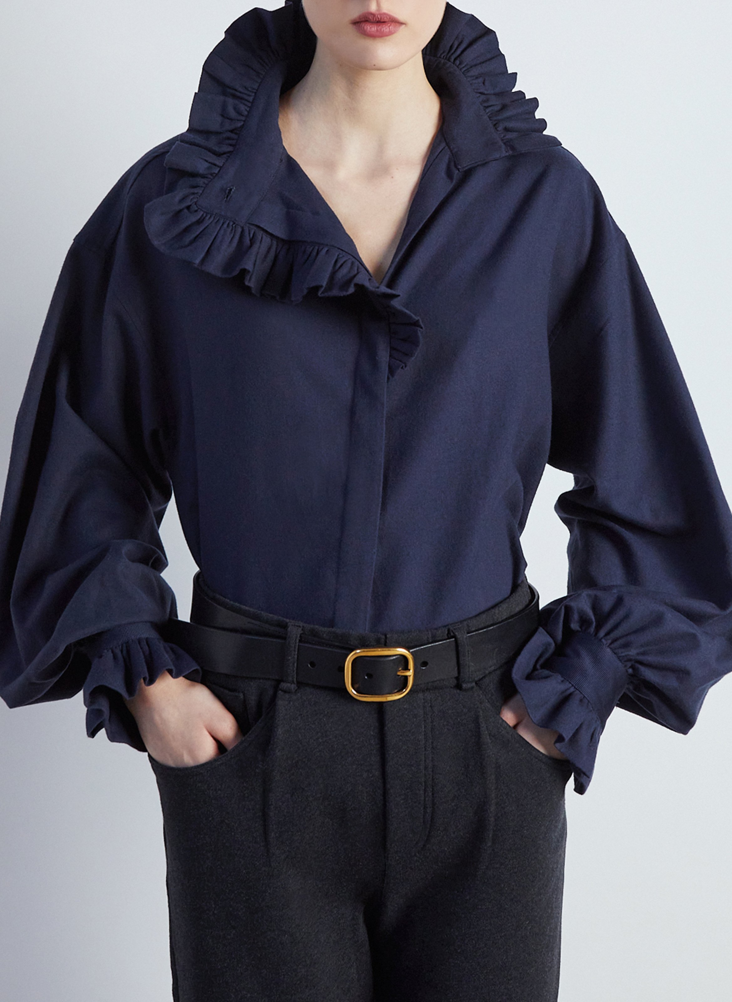 Blouse col montant en coton et en laine mélangés THE LABEL EDITION Bleu