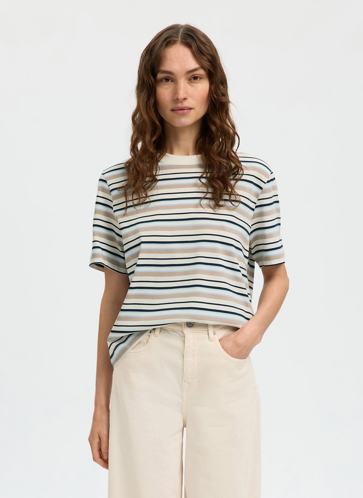 Gerader Bio-Baumwollstreifen-T-Shirt SELECTED Blau