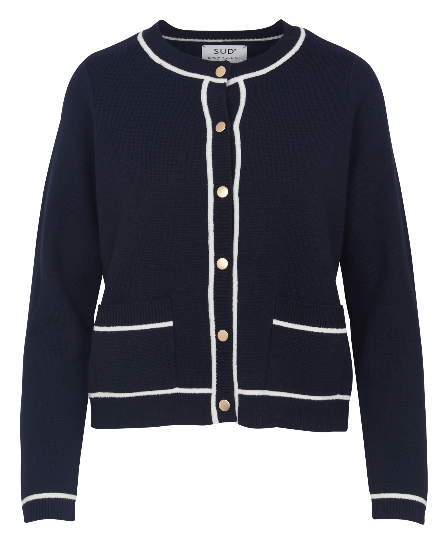 Gilet droit col rond en coton et laine SUD EXPRESS Bleu