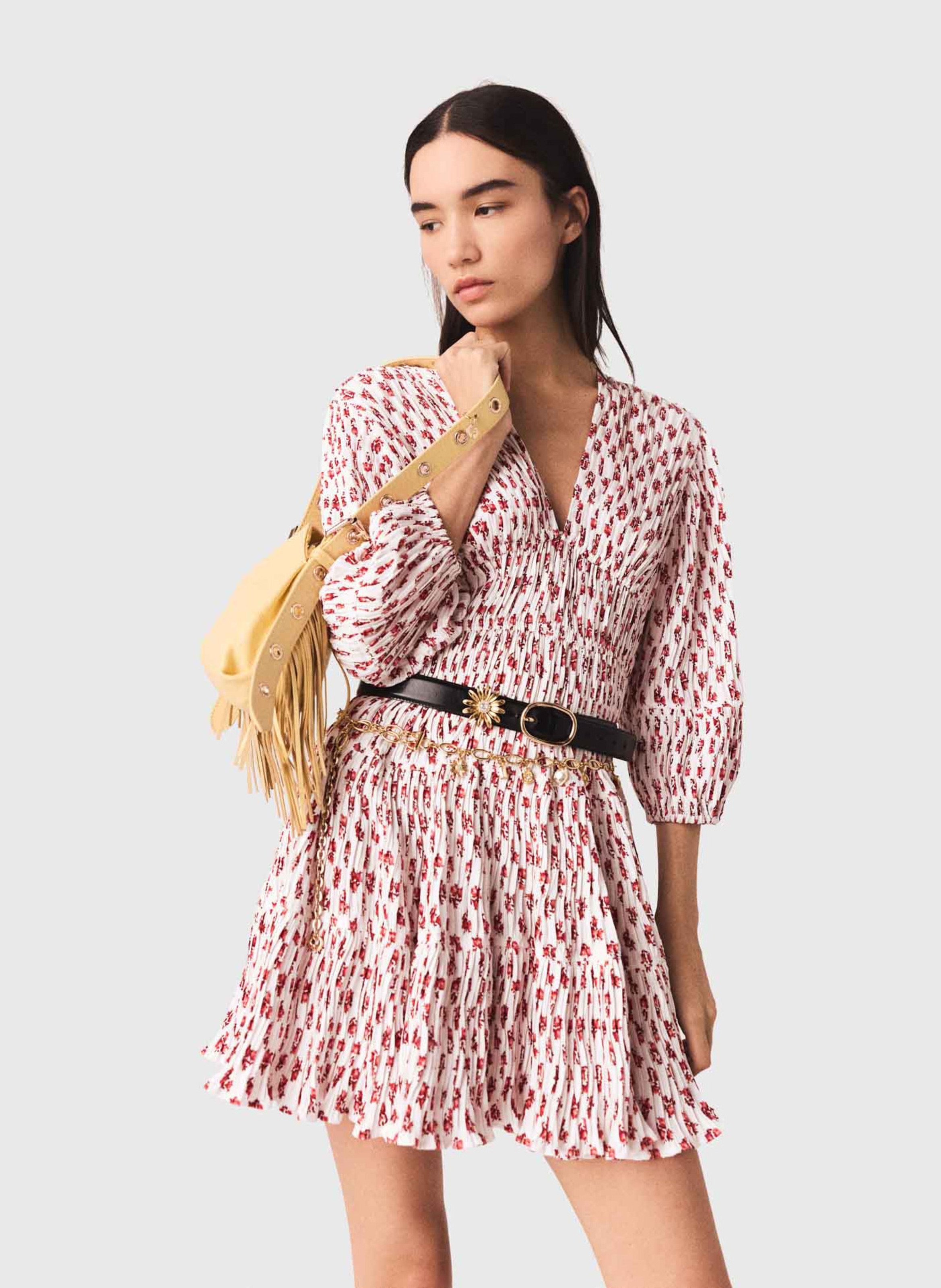 Halflange jurk met V-hals en print MAJE Rood