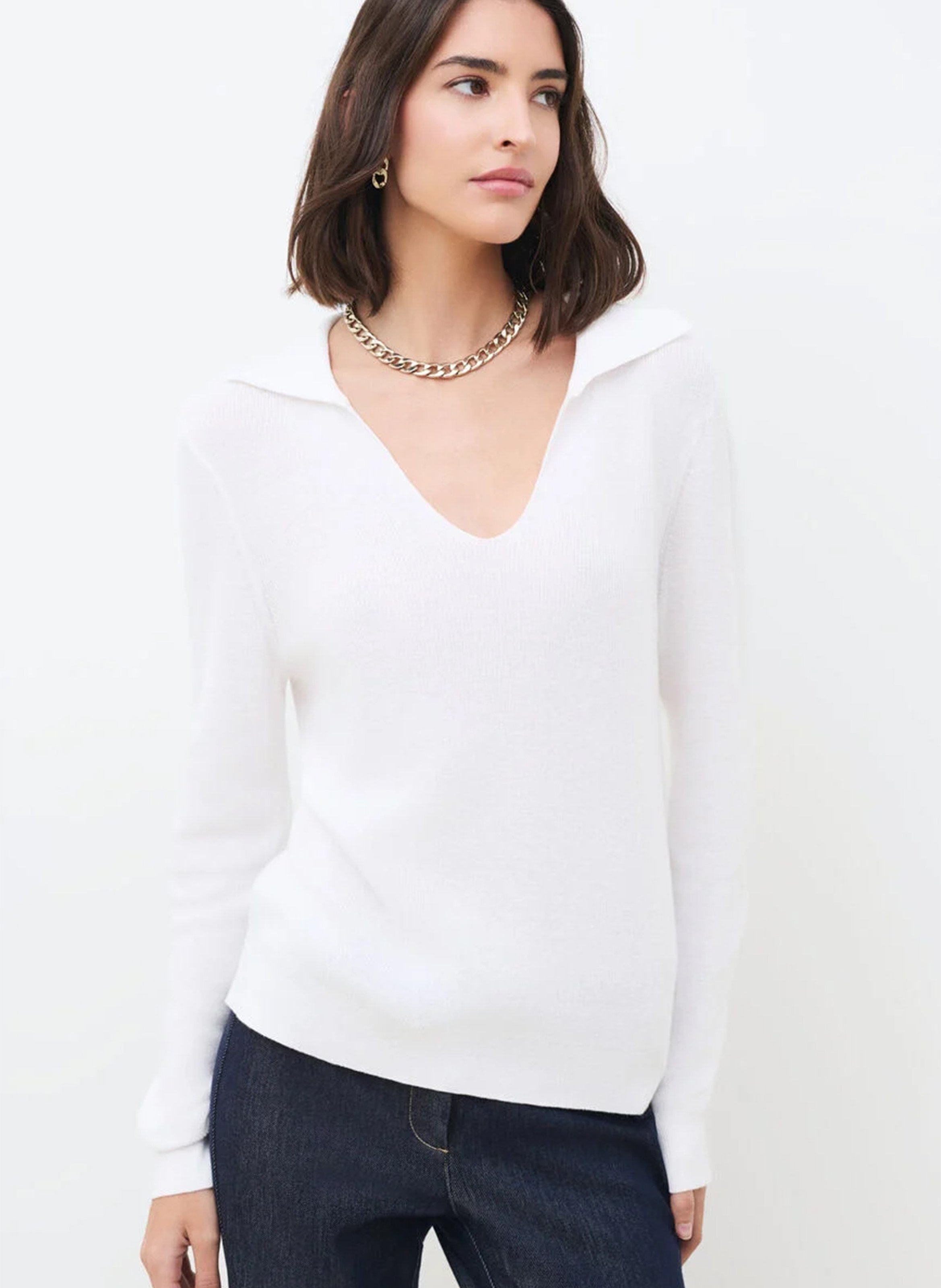 Straight V-neck cotton sweater CAROLL White