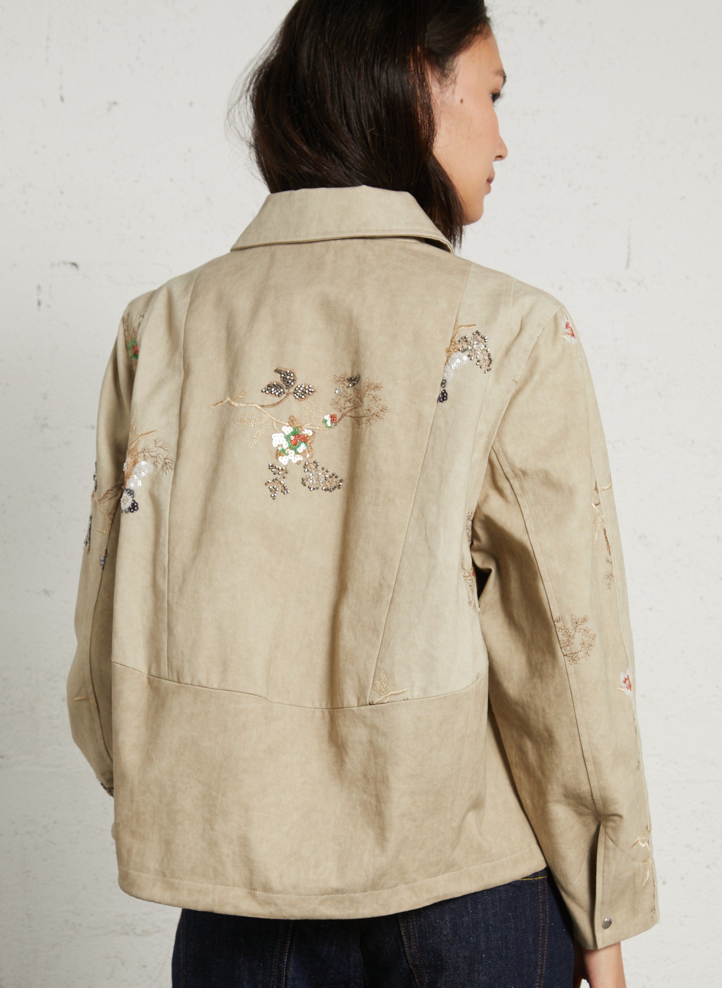 Veste ample col classique à sequins et perles en coton BERENICE Beige