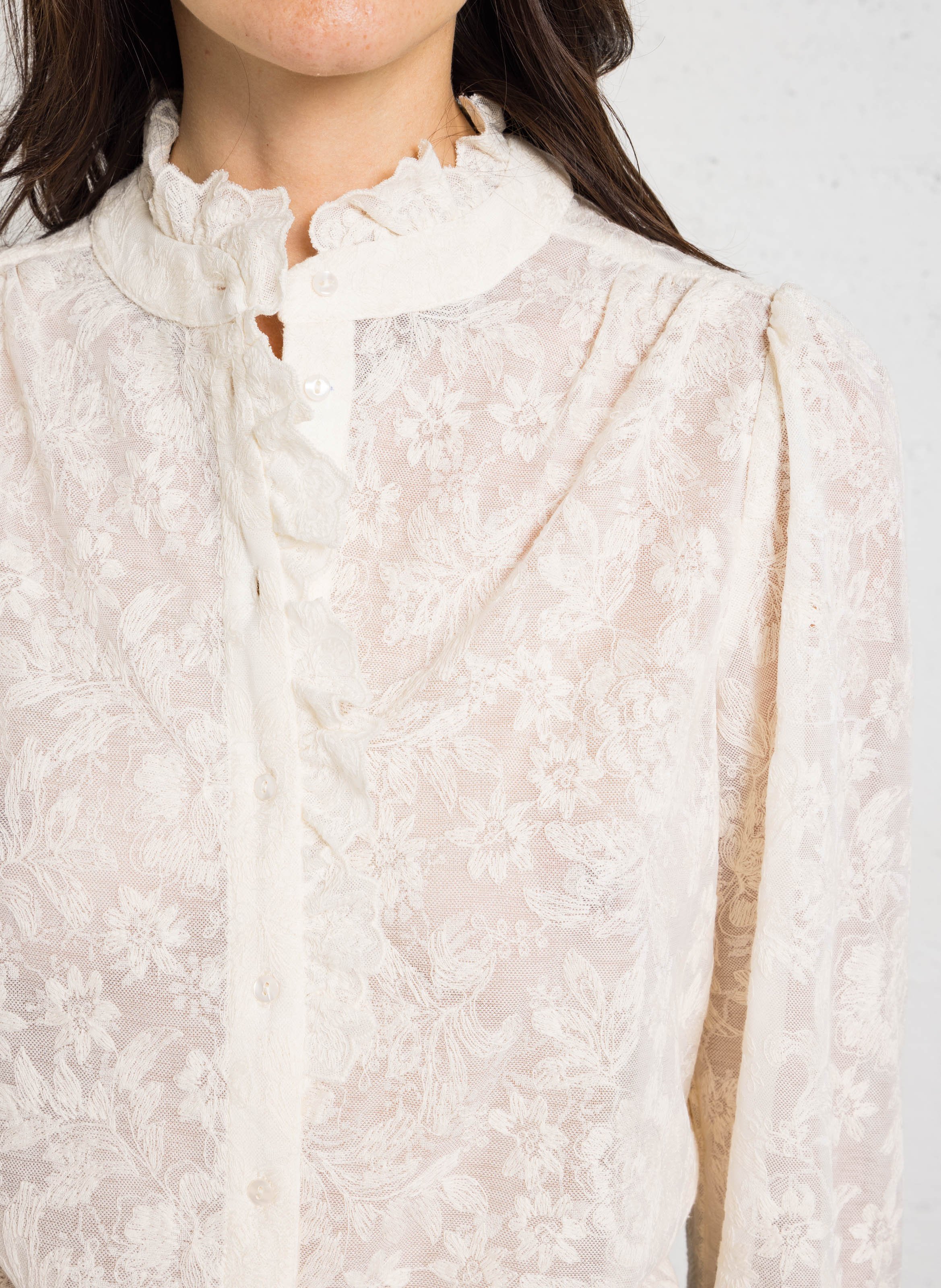 Chemise droite col montant en coton brodé MAISON 123 Beige