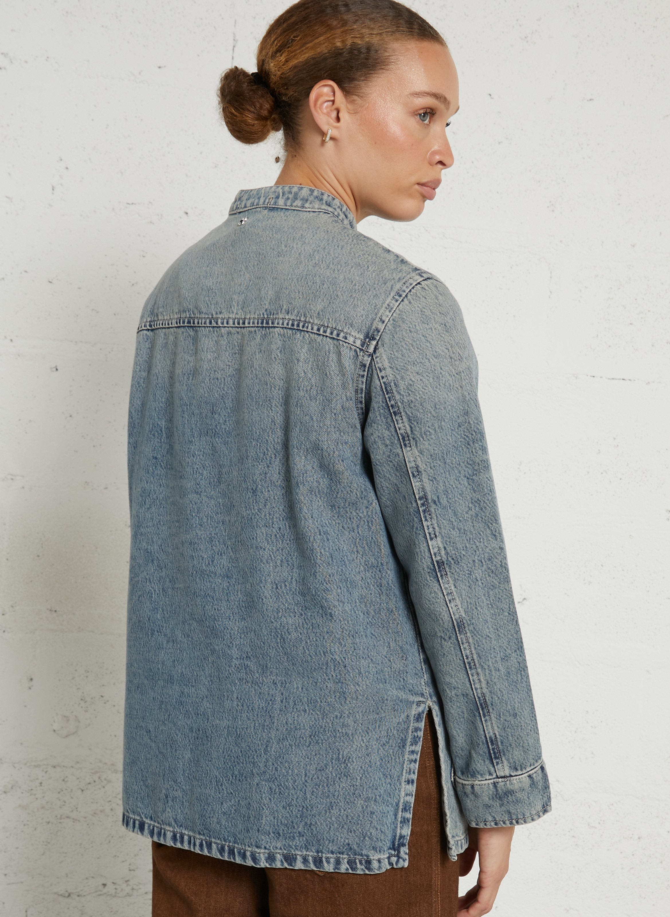 Denimjacke mit Mao-Kragen aus Baumwollmischung PLEASE Blau