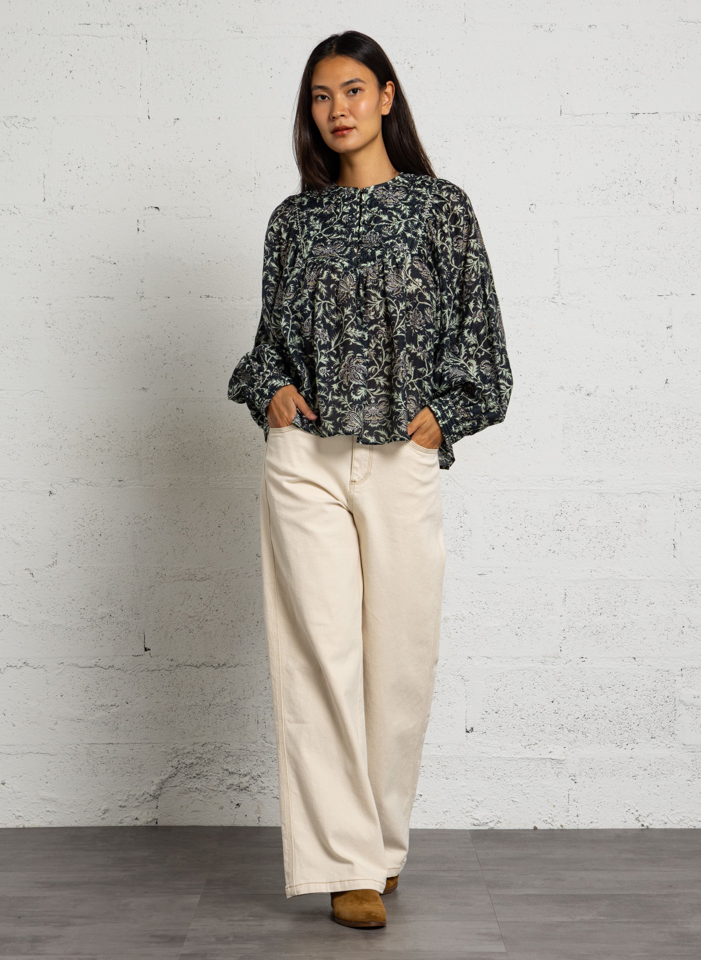 Blouse col rond à imprimé SEE U SOON Noir