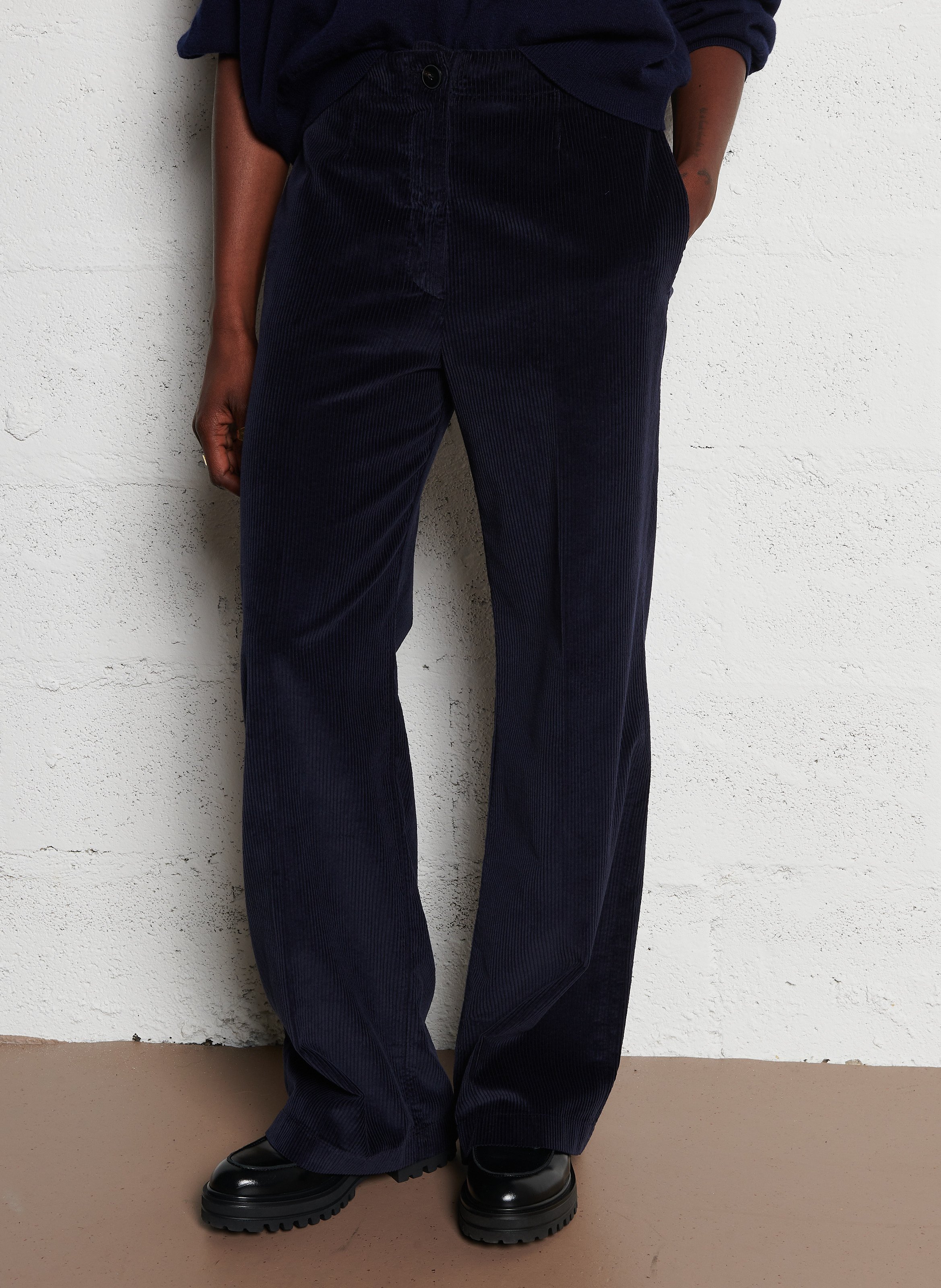 Pantalon droit en velours de coton POMANDERE Bleu