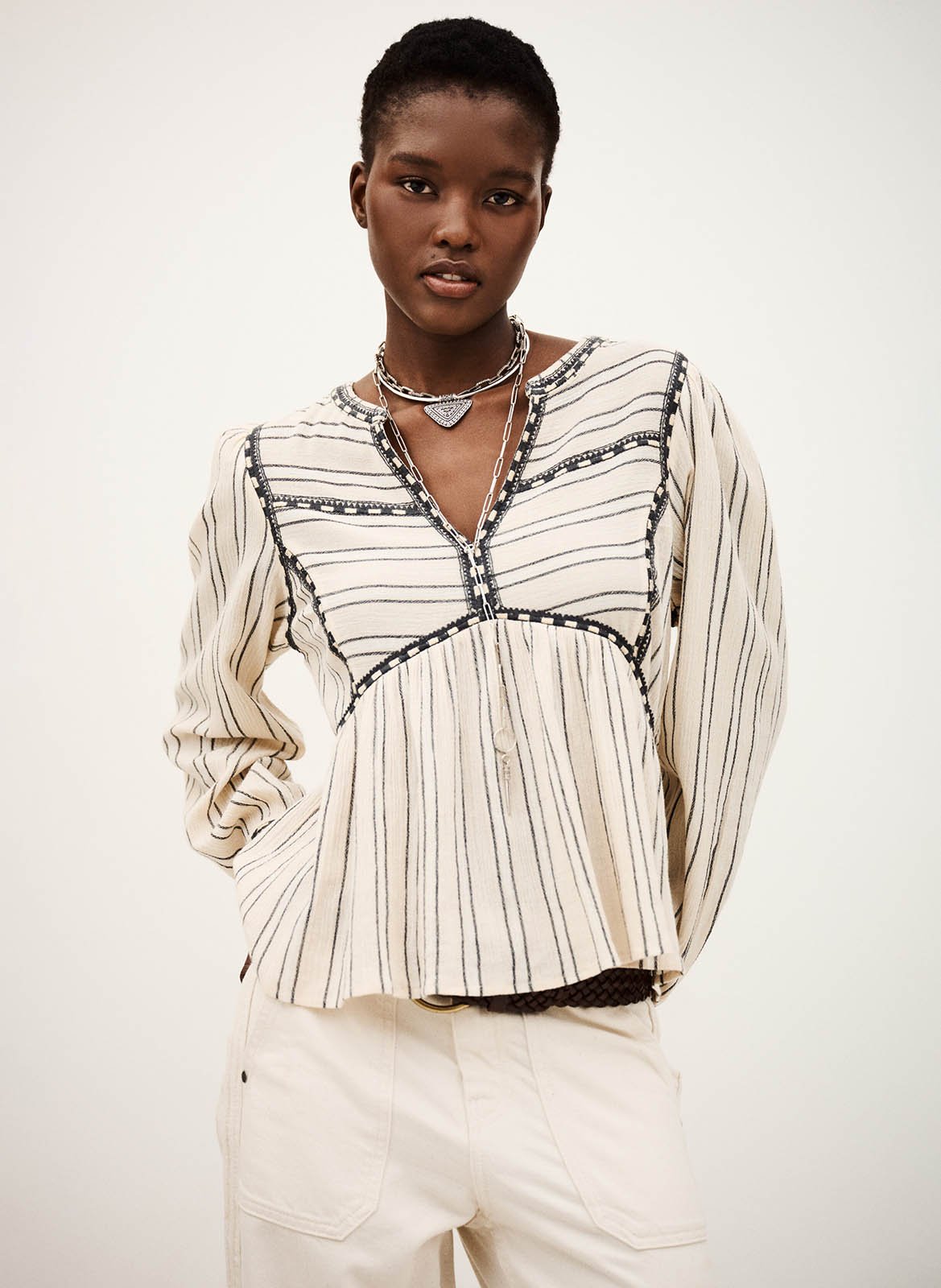 Top droit col V en coton rayé BA&SH Beige