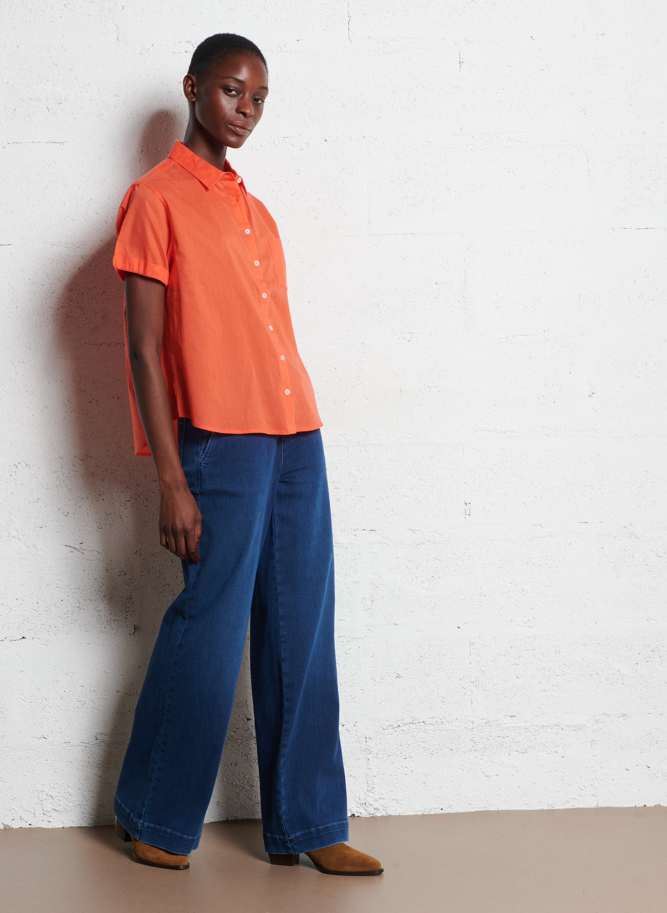 Chemise col classique manches contrastantes en coton Orange