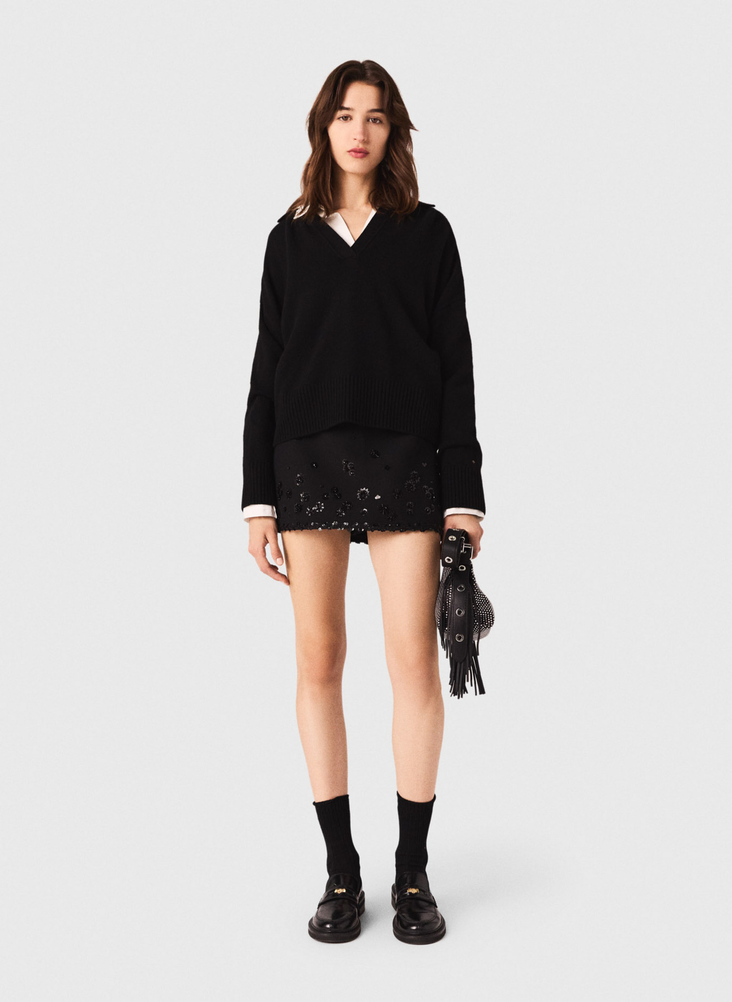 Pull col V en laine mélangée MAJE Noir