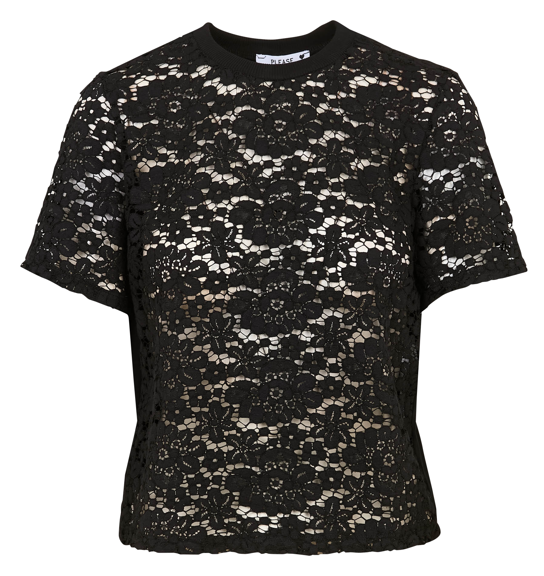 Round-neck lace T-shirt PLEASE Black