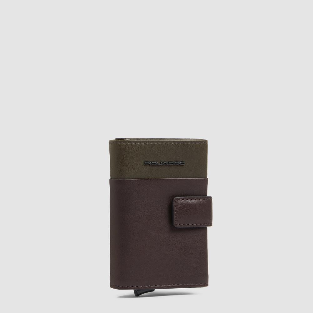 Automatic flap card holder in leather and metal with RFID protection PIQUADRO Green