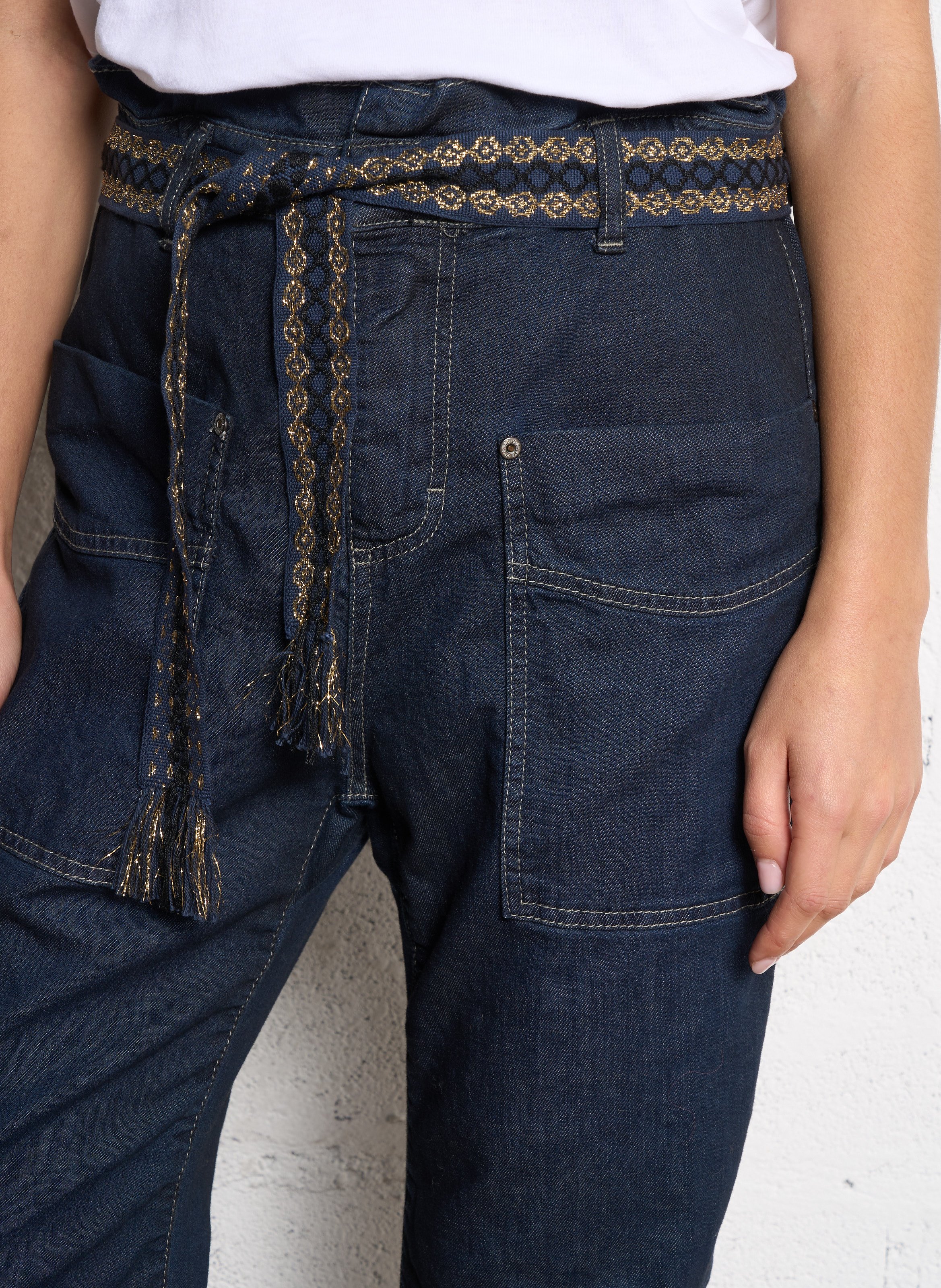 Jean paperbag taille haute en coton mélangé PLEASE Bleu