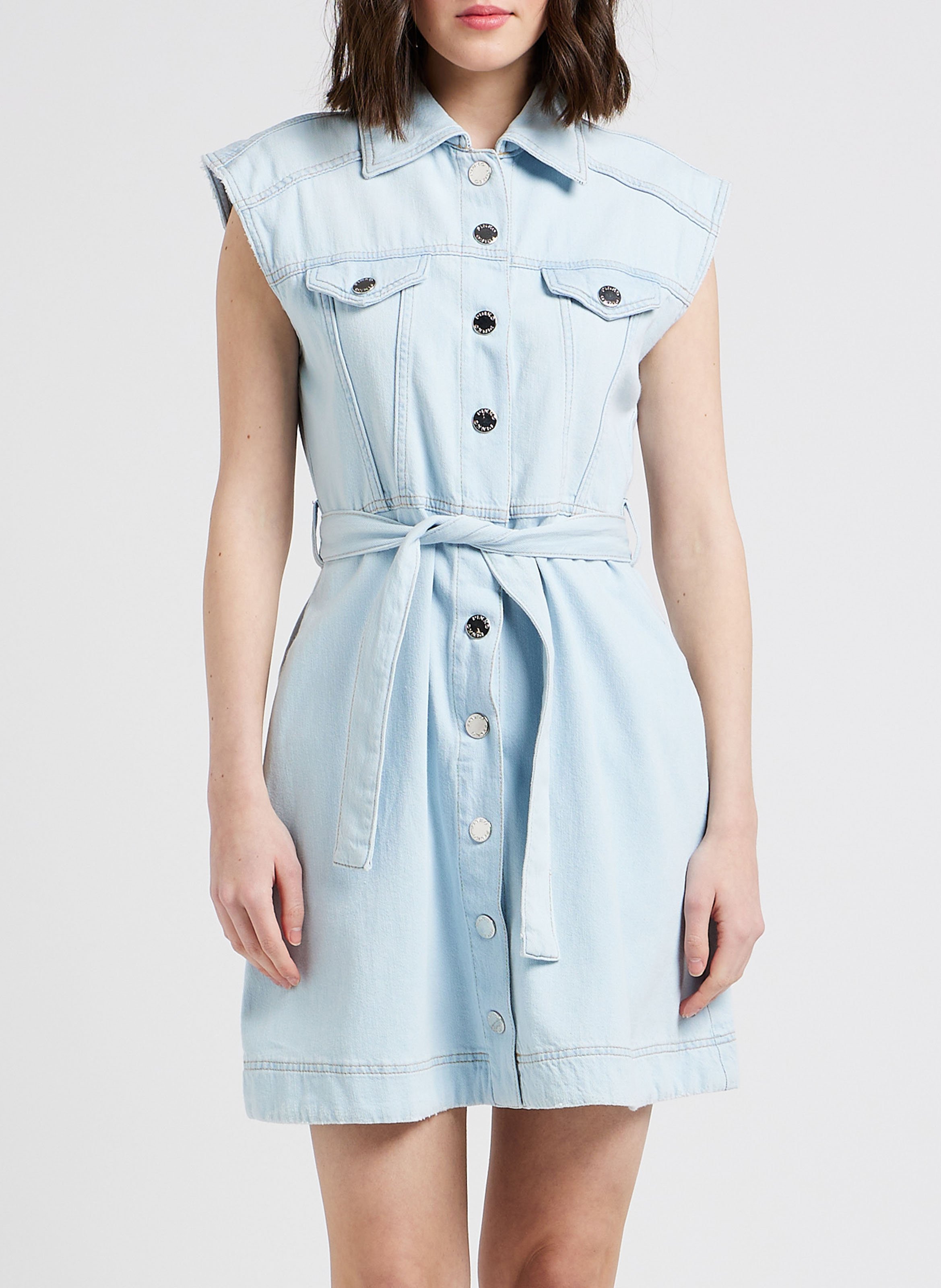 Short faded cotton denim dress with classic collar PINKO Faded jeans