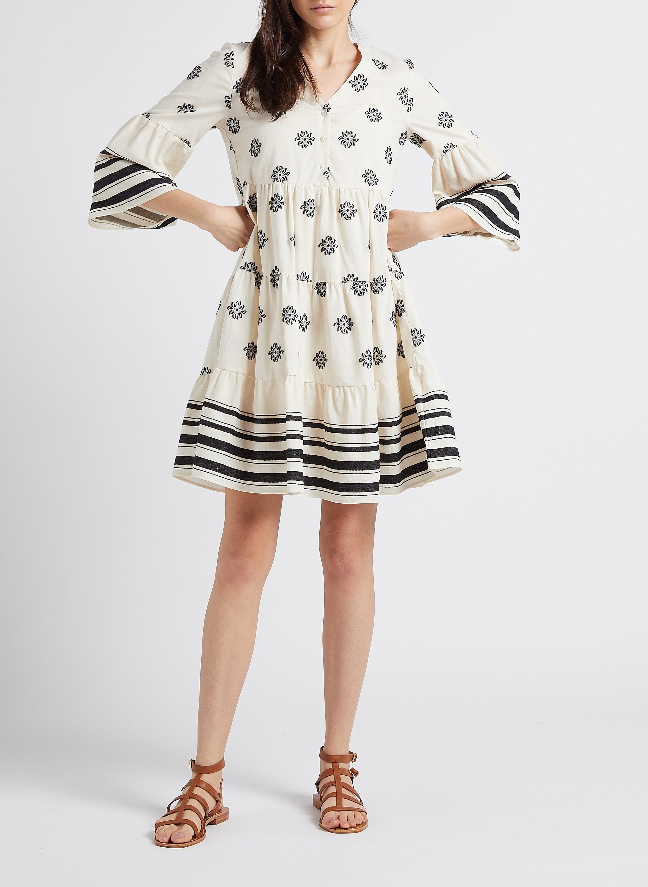 Geblümtes Kurzkleid aus Baumwoll-Mix mit V-Ausschnitt PENNYBLACK Schwarz