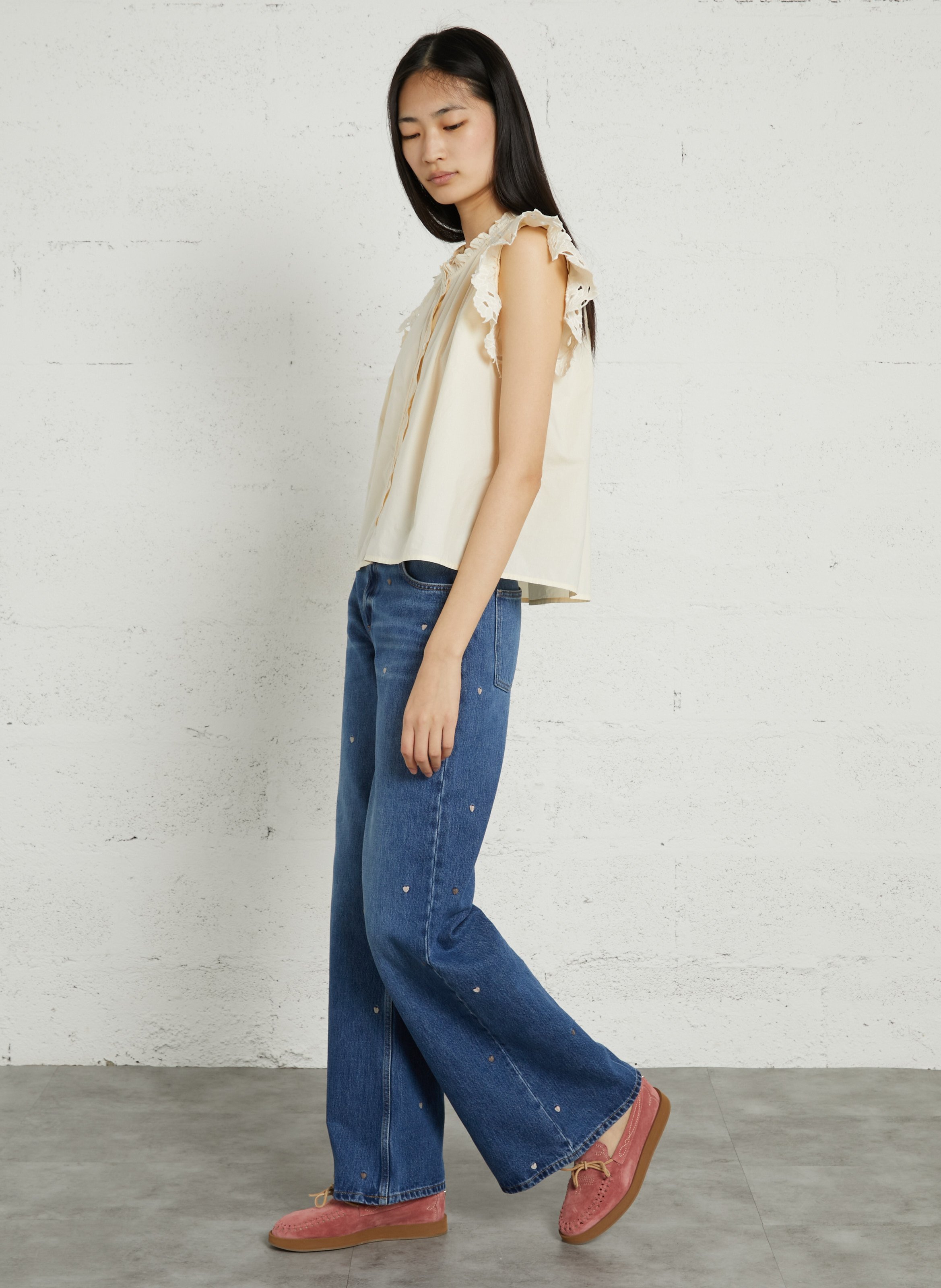 Weite Baumwollbluse mit Rundhalsausschnitt FEEKA Beige