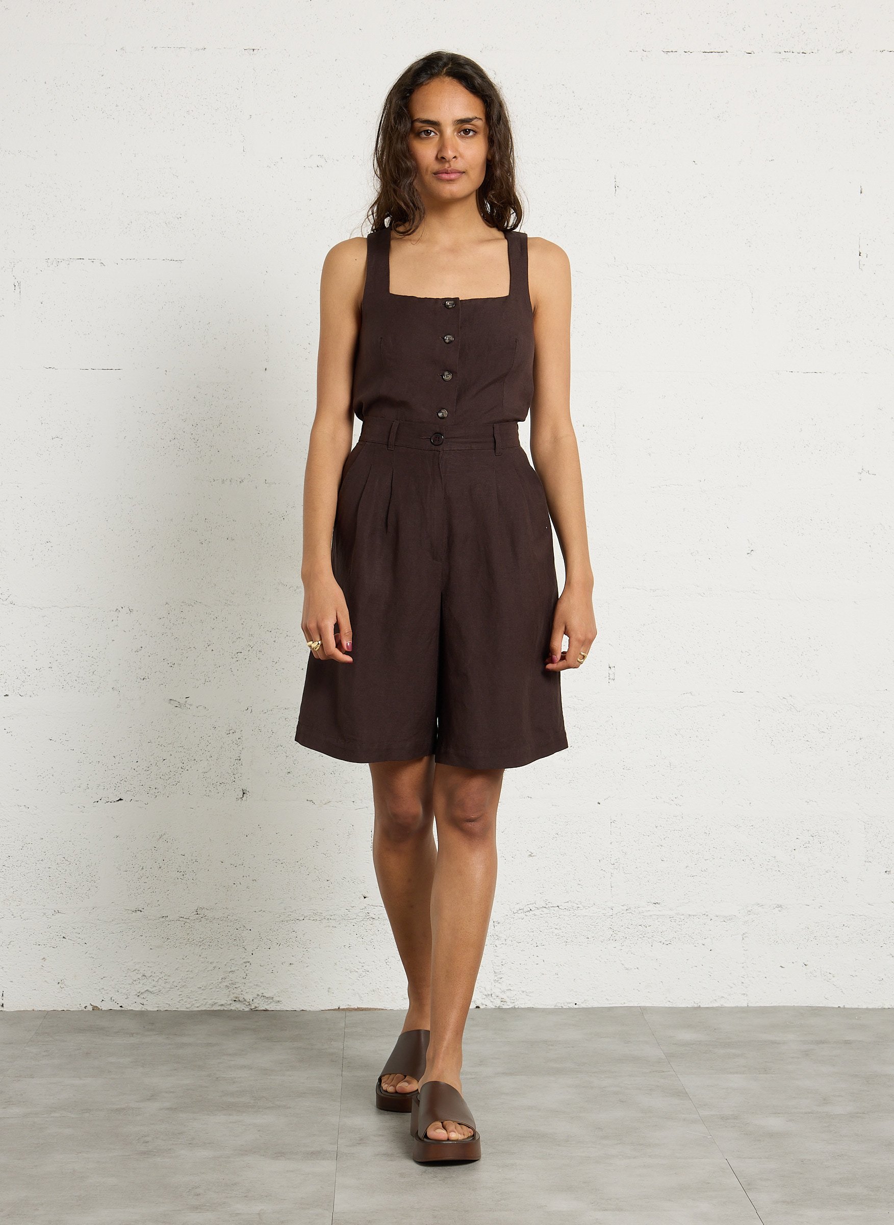 Top col carré en lin mélangé DES PETITS HAUTS Marron