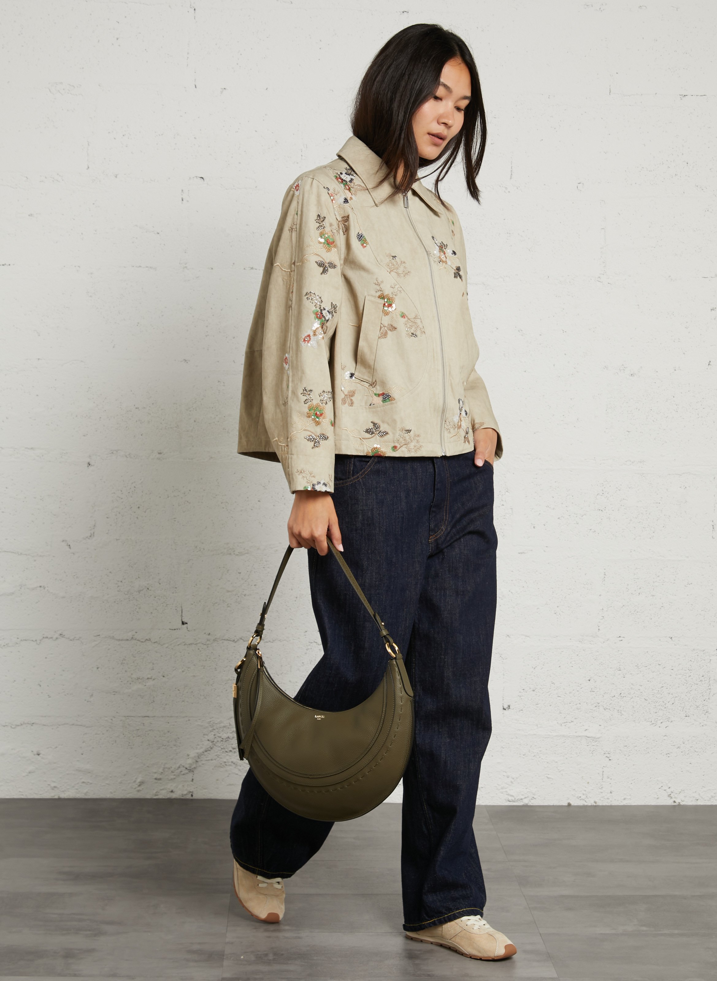 Veste ample col classique à sequins et perles en coton BERENICE Beige