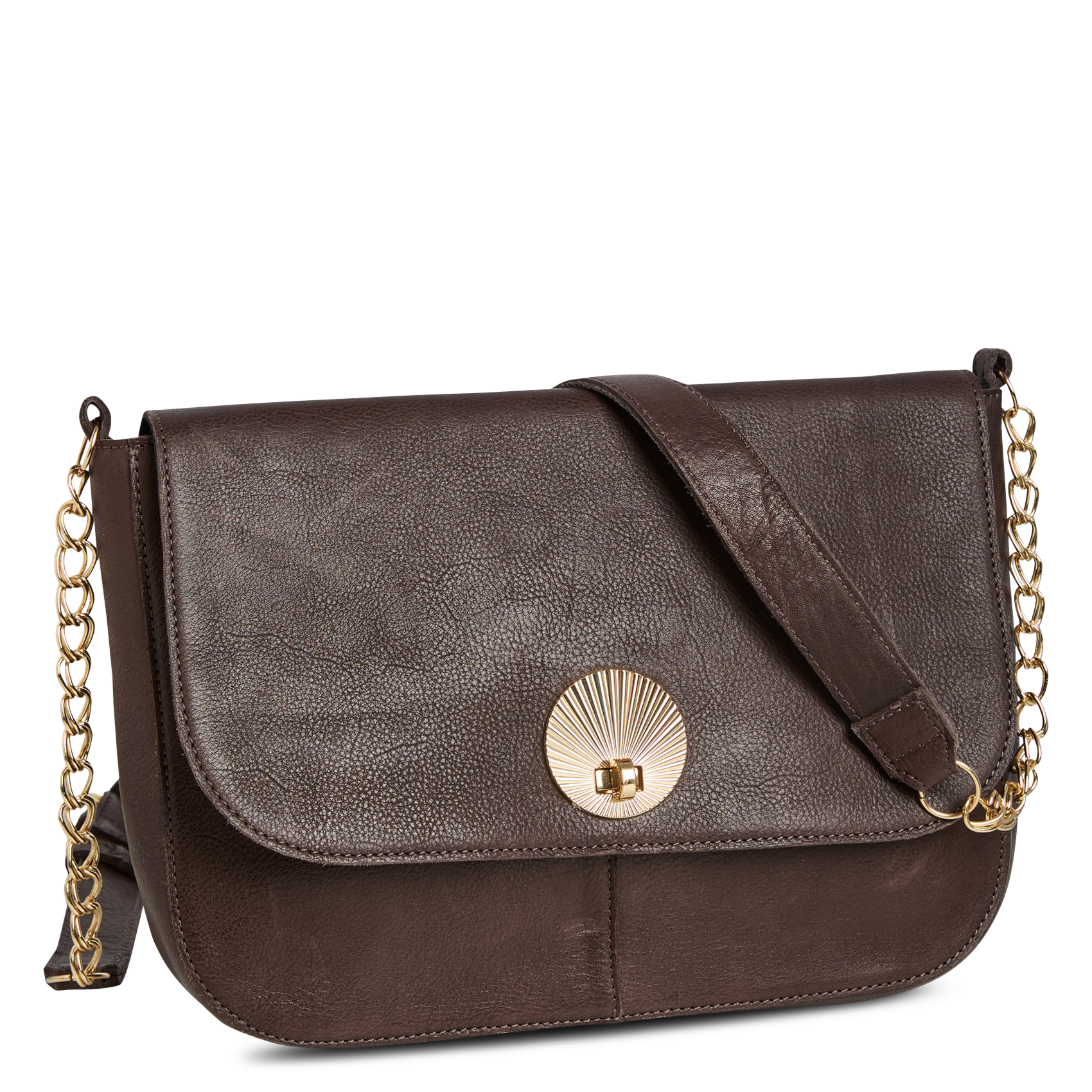 Leather flap shoulder bag PIECES Brown