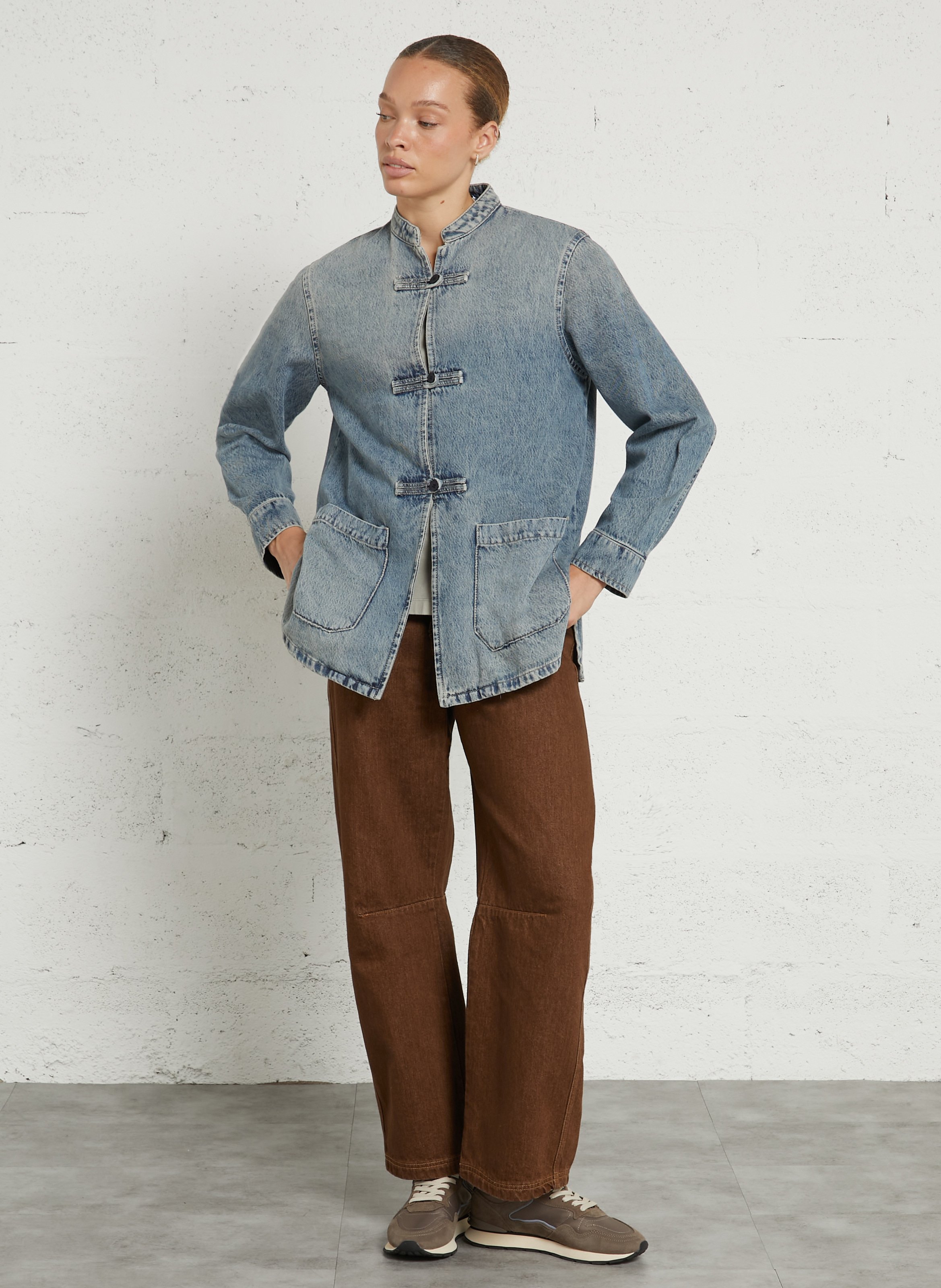 Denimjacke mit Mao-Kragen aus Baumwollmischung PLEASE Blau