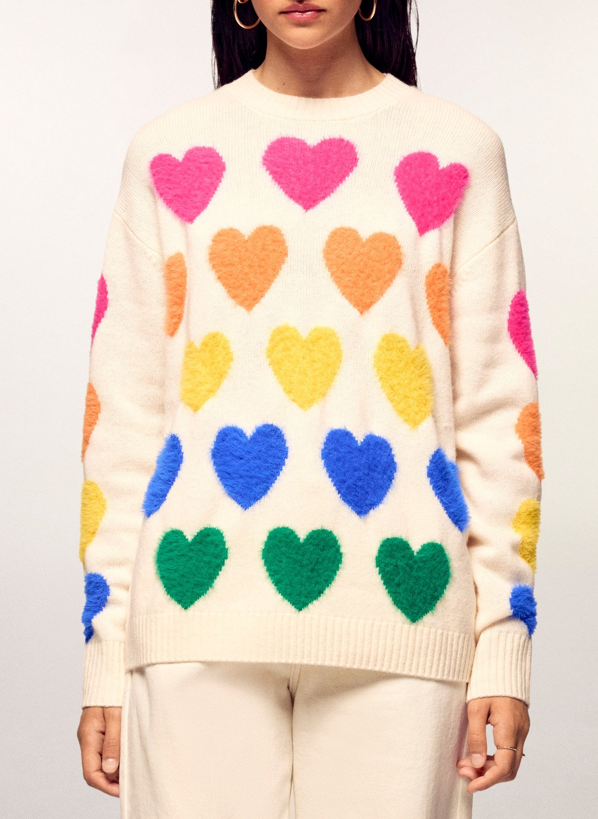 Pull à cœurs en laine et cachemire FROM FUTURE Beige