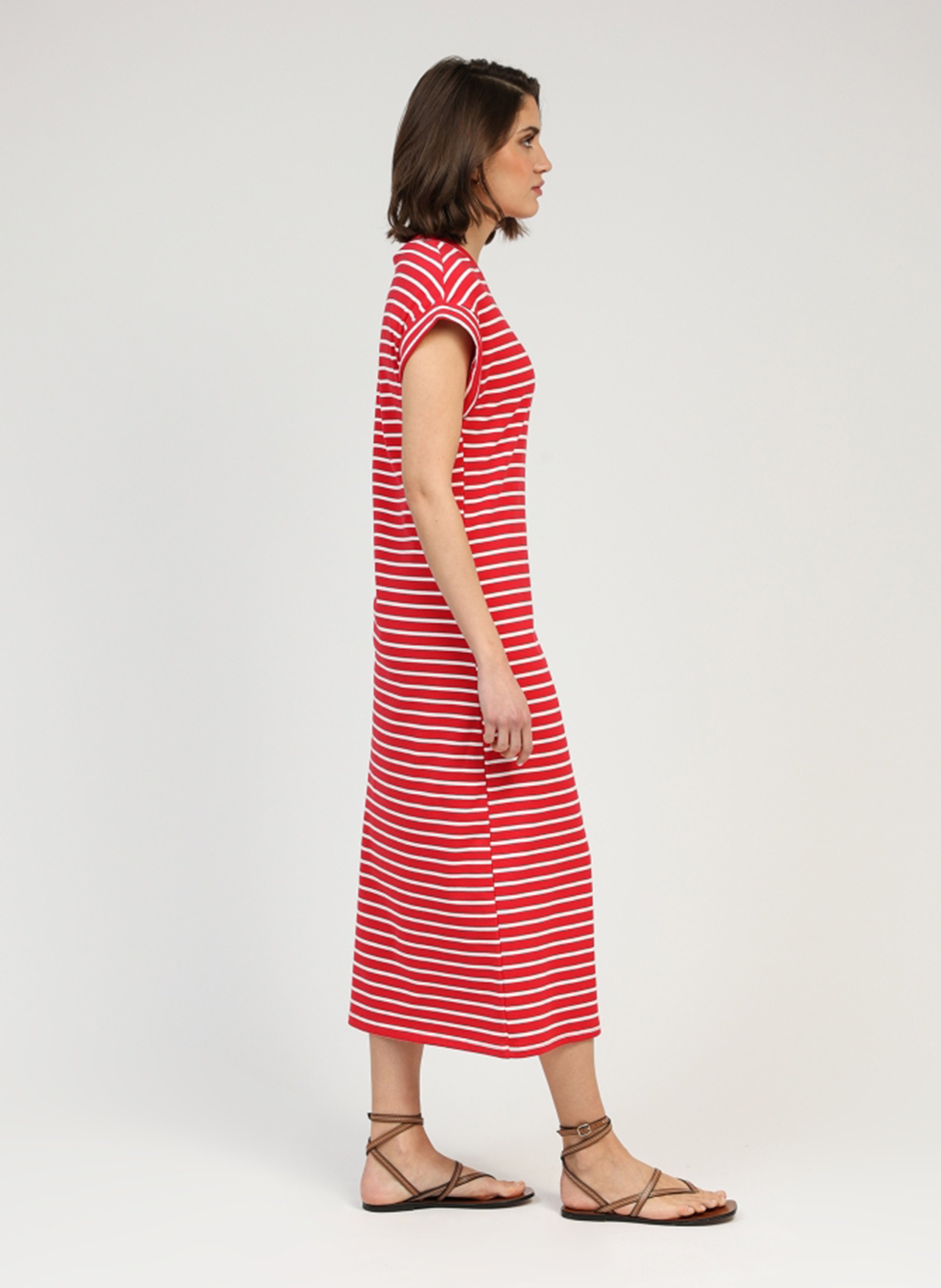 Round-neck striped cotton-blend midi dress AN'GE Red