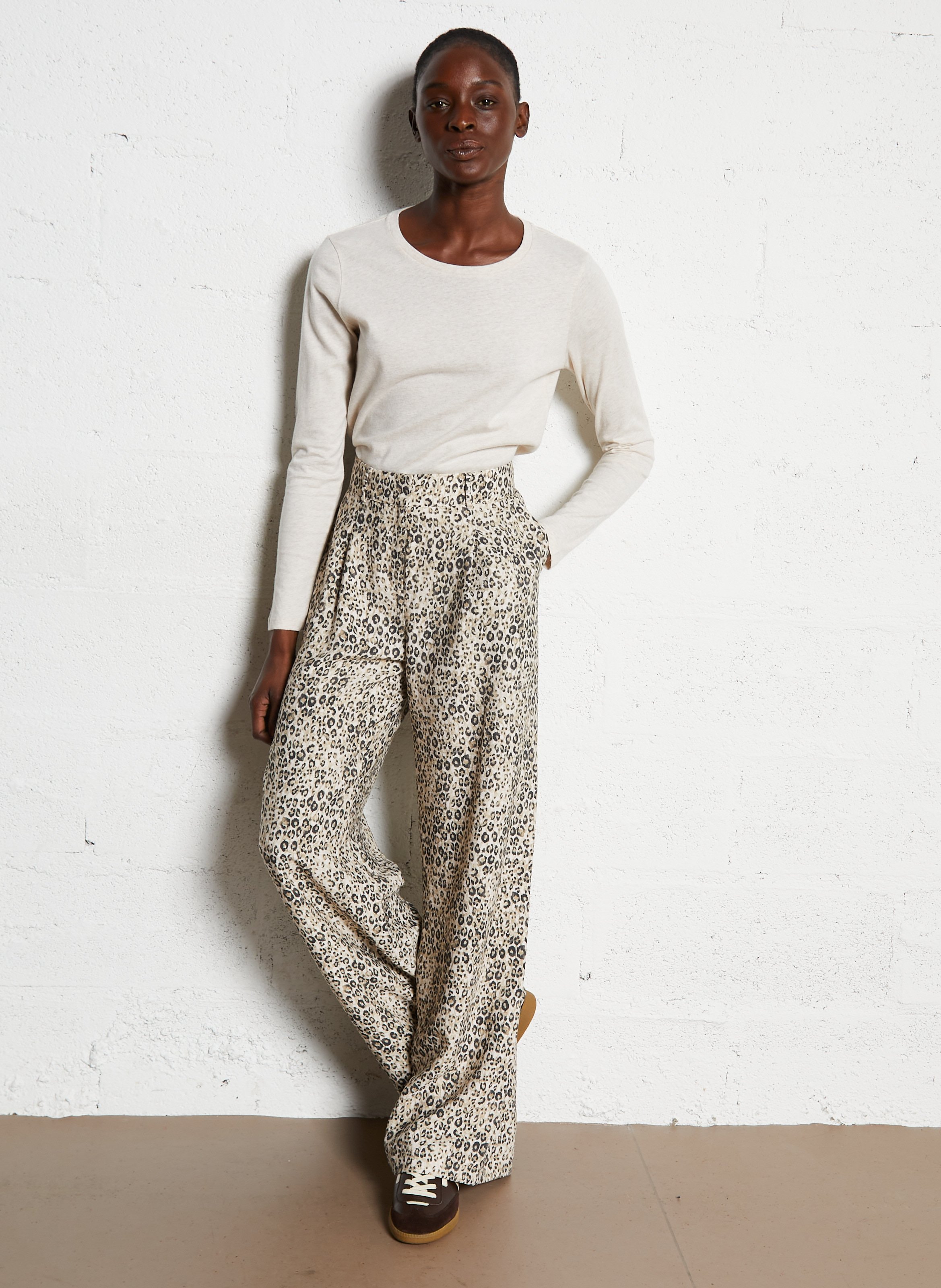 Flowy Wide Leg Leopard Print Pants MAISON 123 Beige