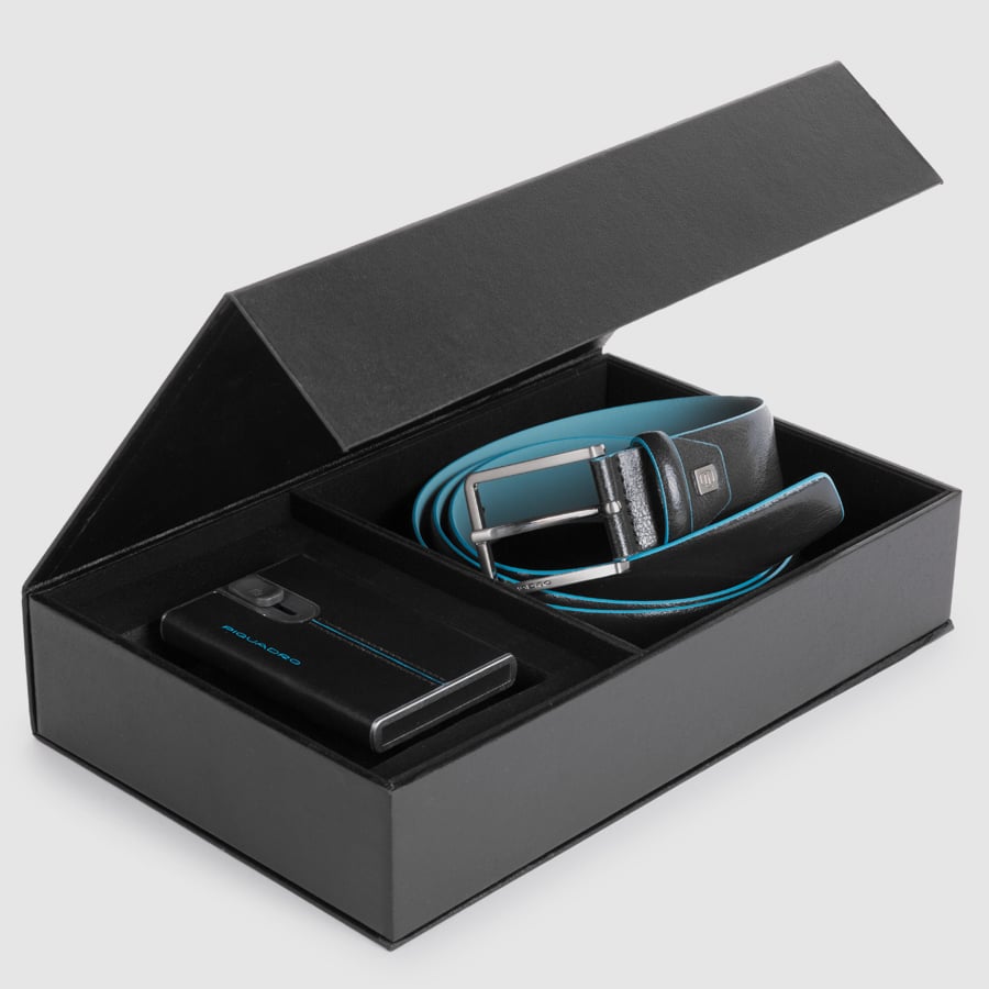 Gift set with men's leather belt cu5258b2 and credit card holder pp4825b2r PIQUADRO Black